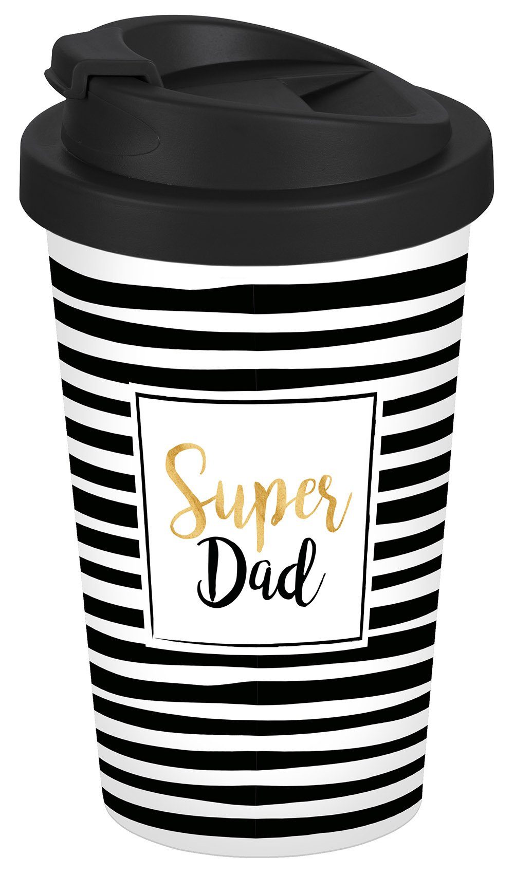 Geda Labels GmbH Coffee-to-go-Becher Super Dad Streifen, 1-tlg., PP, Schwarz, 400 ml, doppelwandig, auslaufsicher