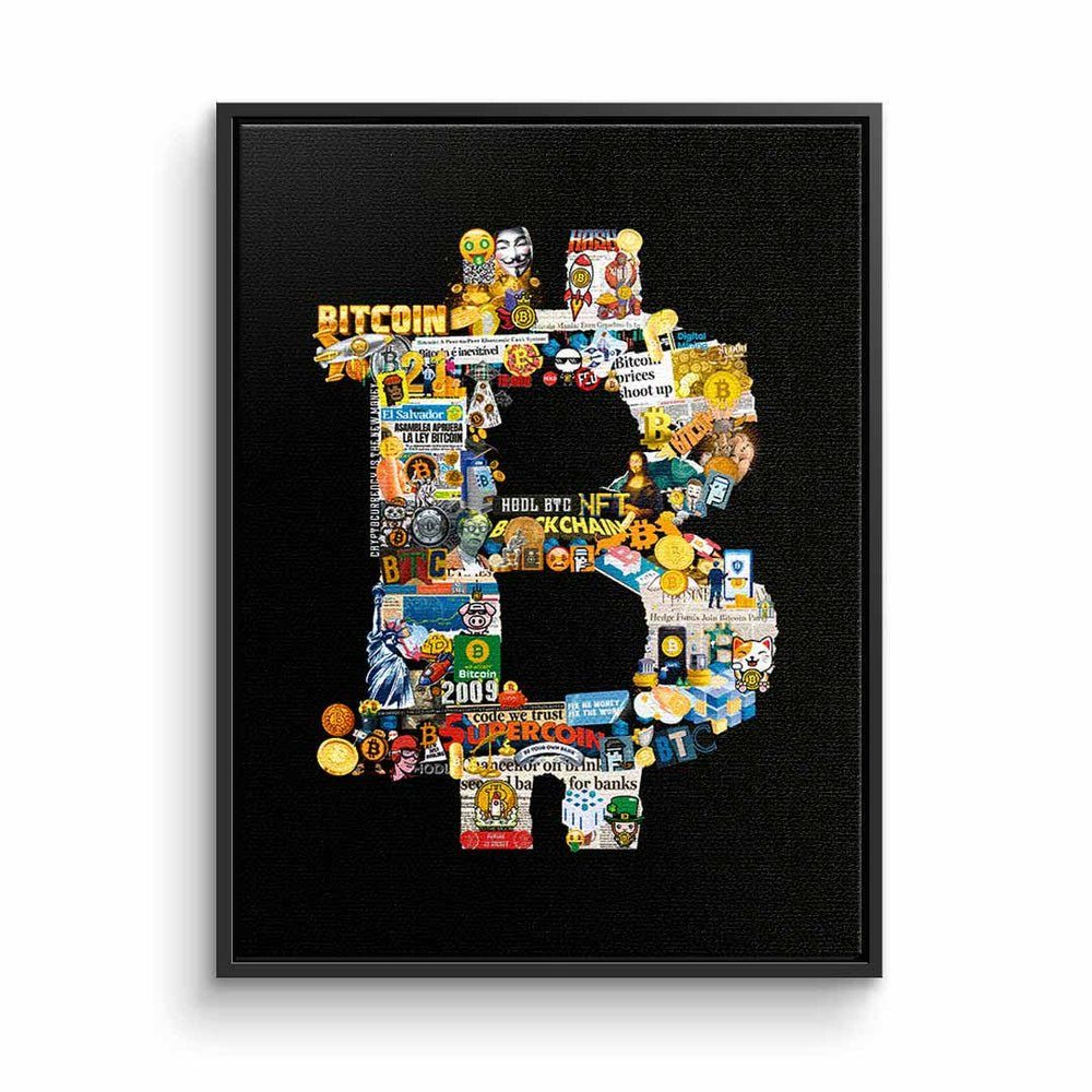 DOTCOMCANVAS® Leinwandbild, Leinwandbild Bitcoin Pop Art crypto schwarz Geld collage DOTCOMCANVAS schwarzer Rahmen