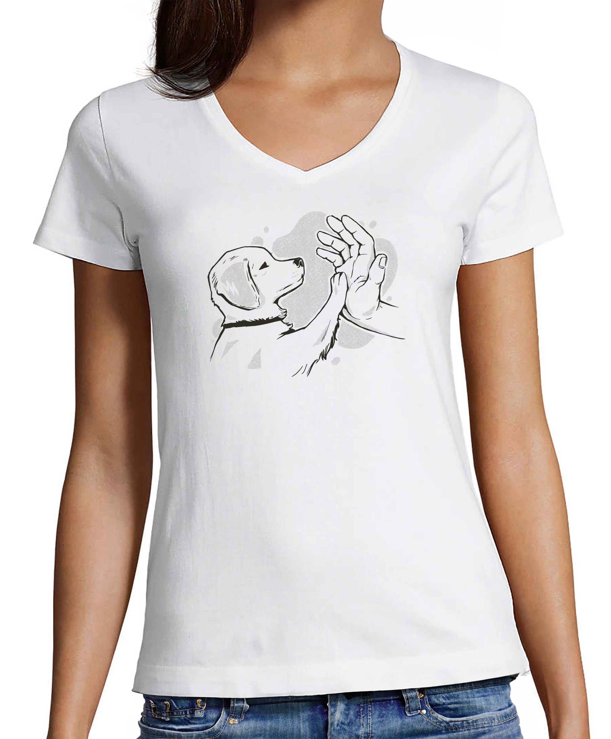 MyDesign24 T-Shirt Damen Hunde Print Shirt - Hundewelpen gibt high five V-Ausschnitt Baumwollshirt mit Aufdruck Slim Fit, i241