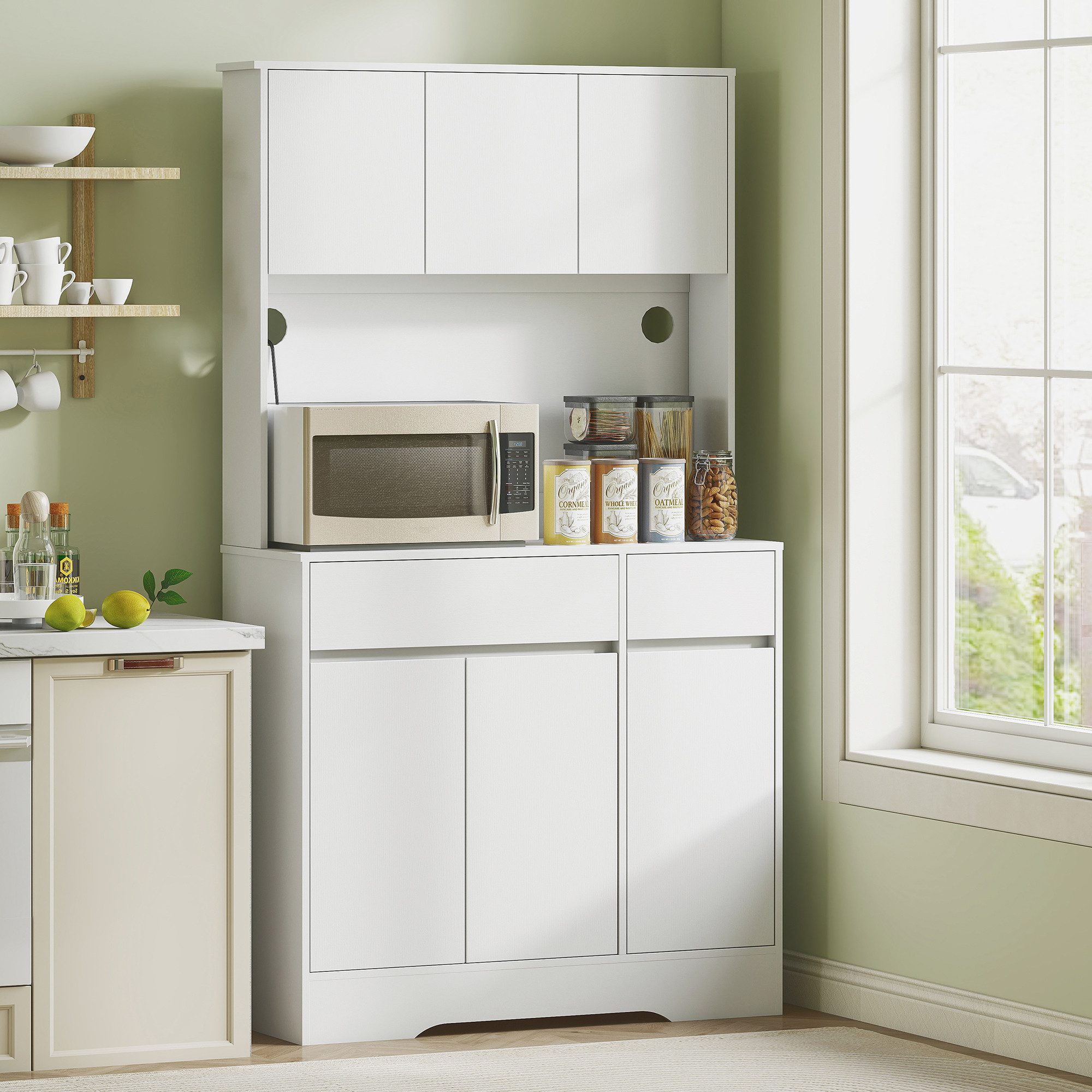 HOMCOM Küchenbuffet Küchenschrank Buffetschrank mit Arbeitsplatte, 6 Türen (Mikrowellenschrank, 1-St., Hochschrank) mit Modernem Design, Weiß