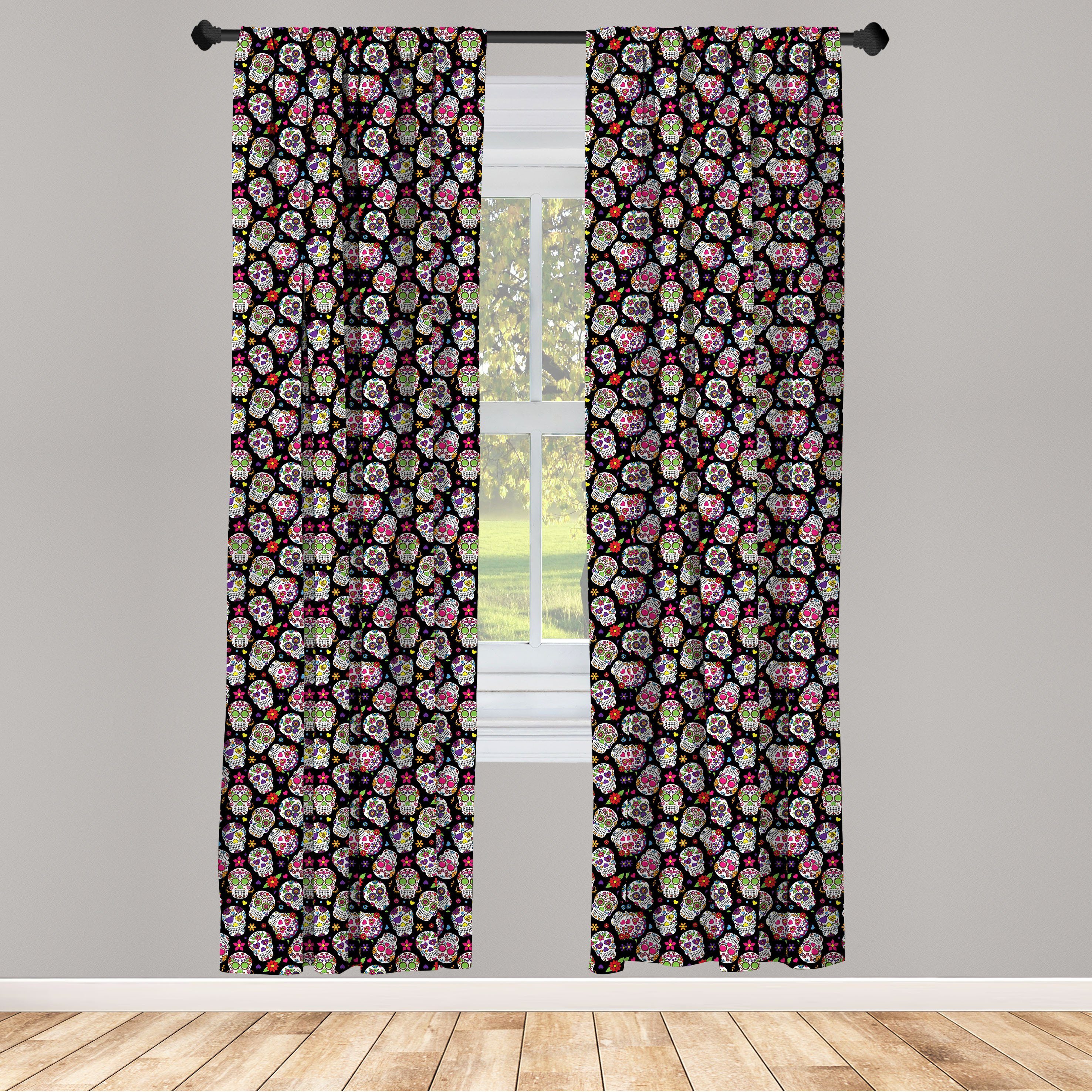 Gardine Vorhang für Wohnzimmer Schlafzimmer Dekor, Abakuhaus, Microfaser, Bunt Zuckerschädel Blumen | Fertiggardinen