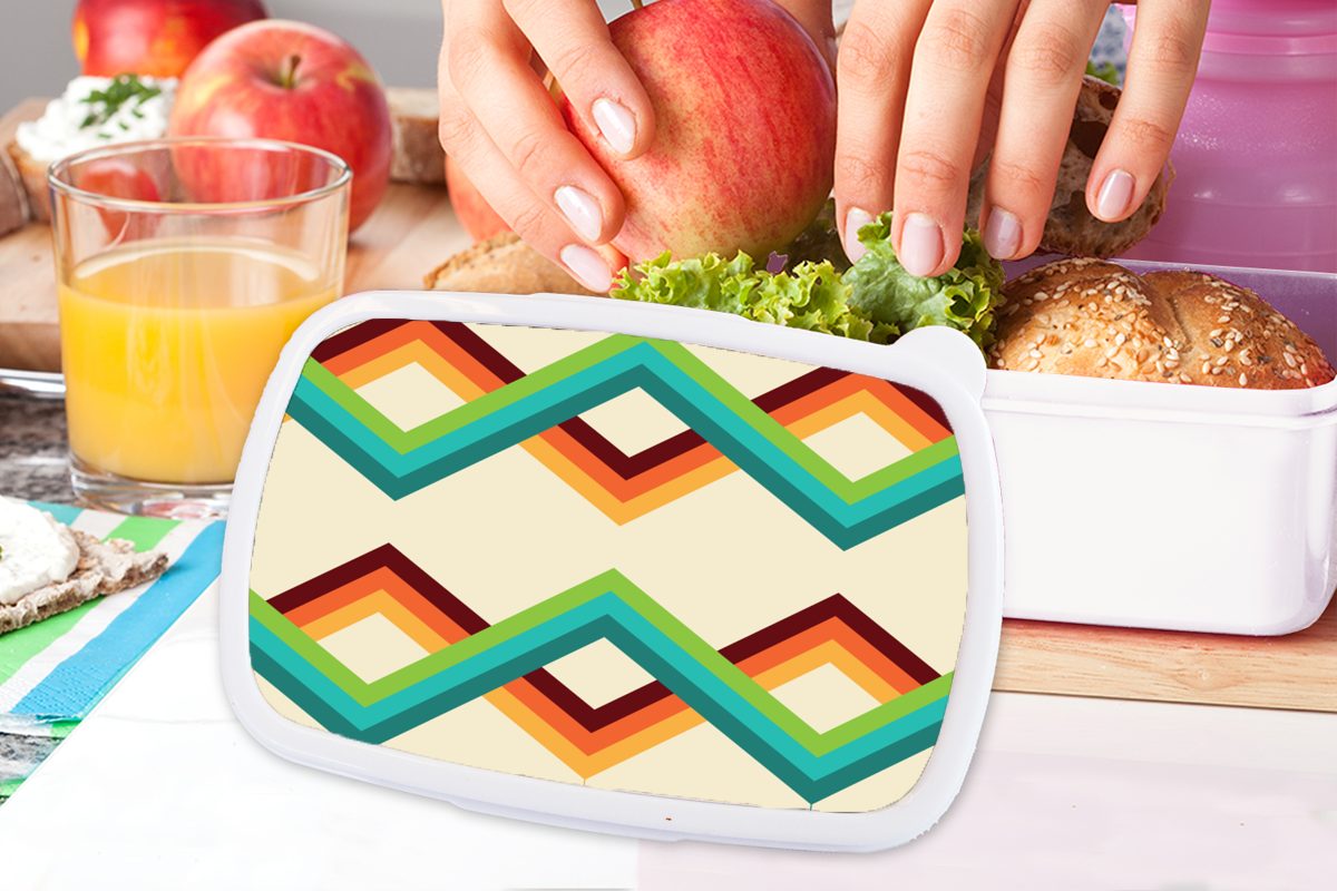 MuchoWow Lunchbox Retro weiß Jungs und Erwachsene, Design - Jahre, Mädchen Kinder Brotbox und - (2-tlg), Kunststoff, Streifen für Brotdose, - Siebziger für