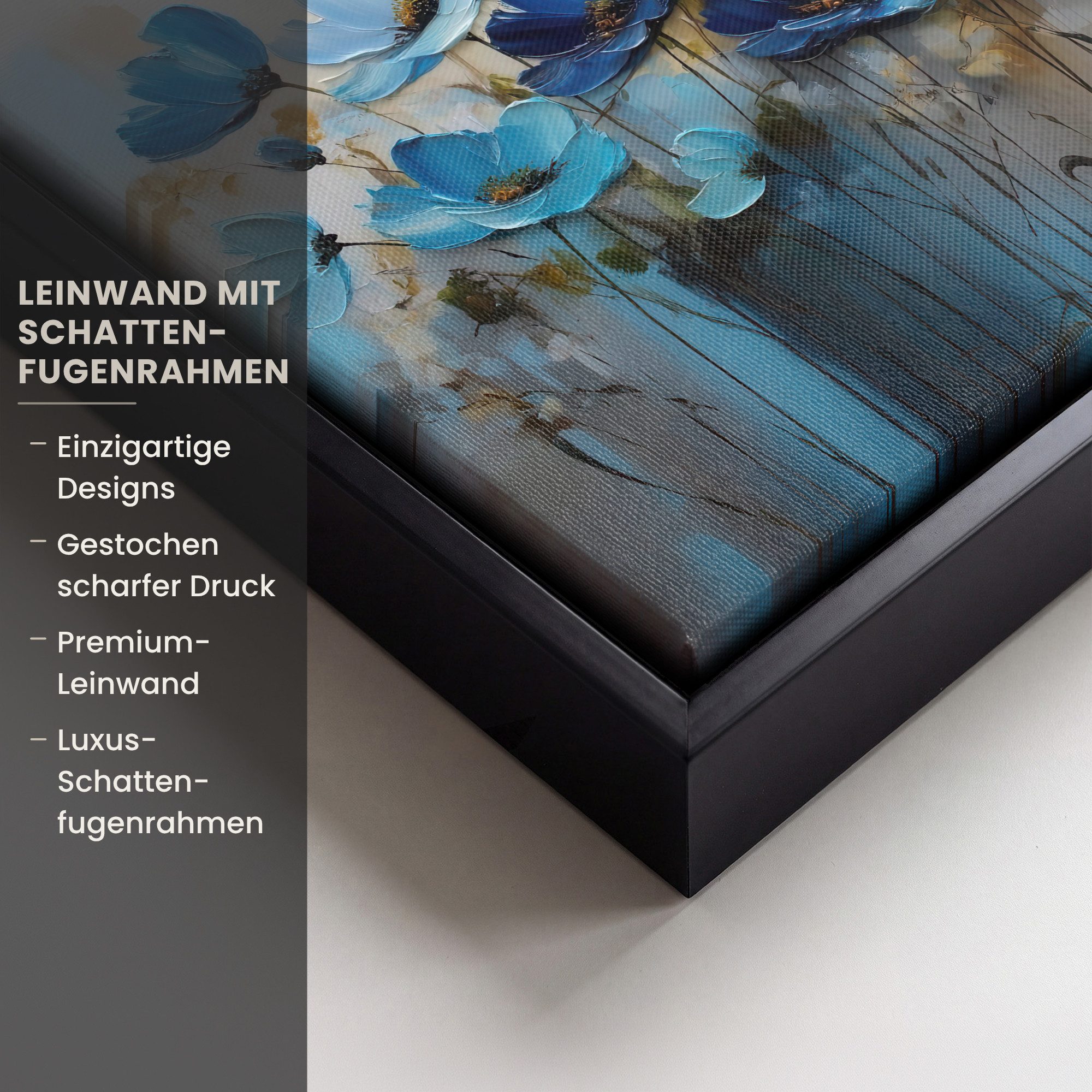 OneMillionCanvasses® Leinwandbild mit Rahmen - Blumen - Malerei - Blau, Fotodruck (1 St), Leinwand Bilder Klein, Wand Dekoration Aesthetic 20x20cm – Bild 3 von 5