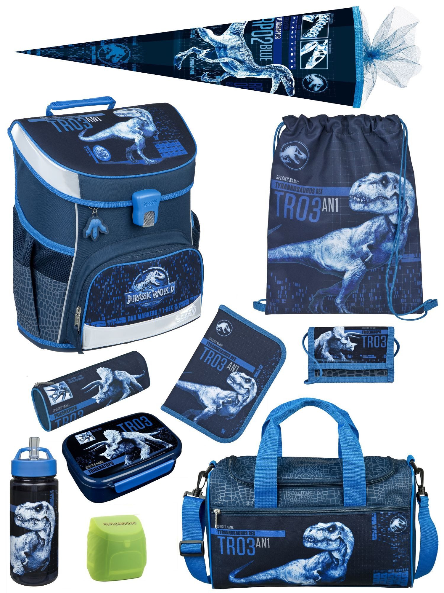 Scooli Schulranzen Campus Fit Jurassic World, T-Rex Dino, dunkelblau, ab 1. Klasse (Komplett-Set, 10-tlg., mit Lunch-Set, Sporttasche und Schultüte 85cm), kompakt, leicht, robust
