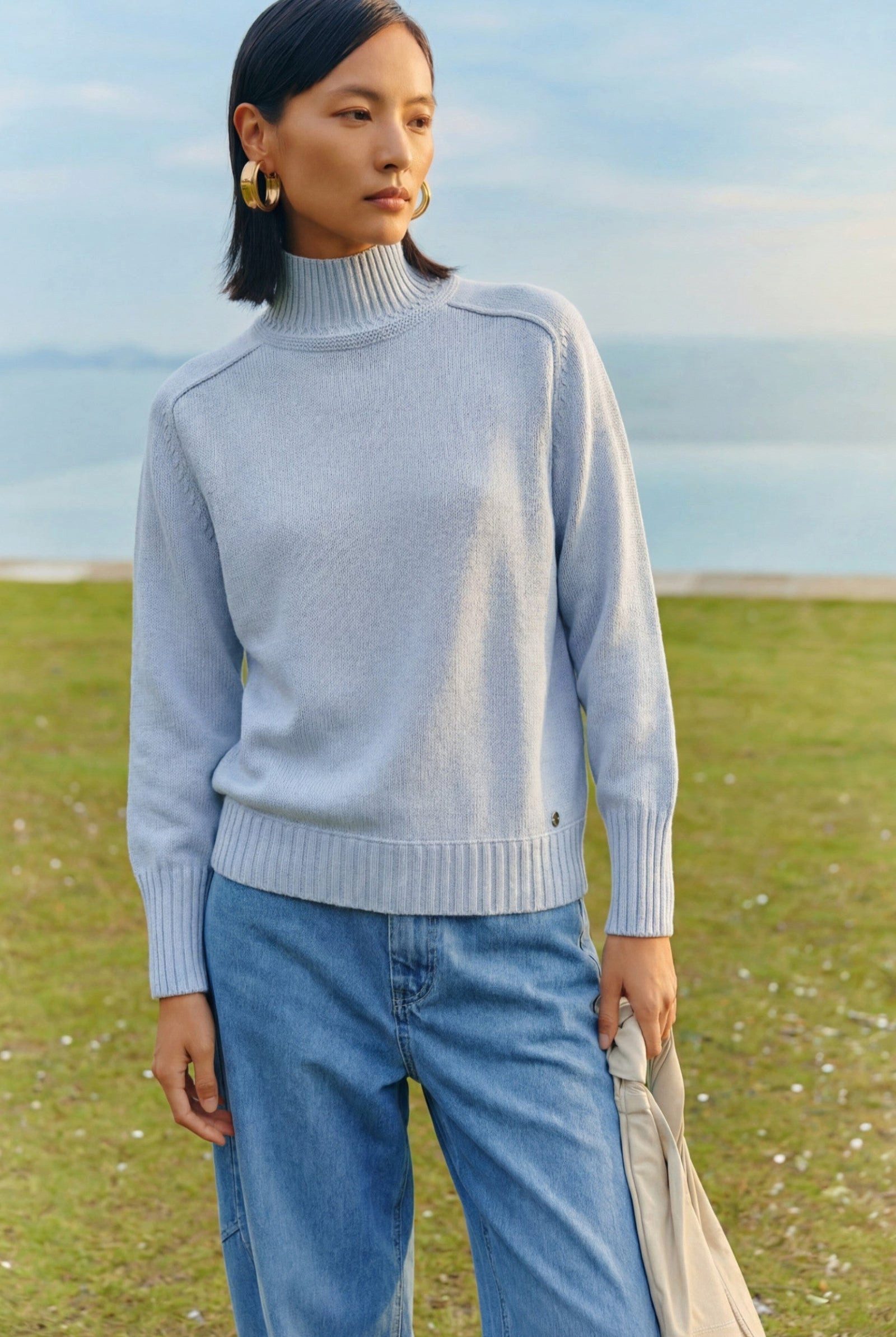 Zaubermond Strickpullover Damen Taillierter Pullover mit hohem Stehkragen und Raglan Blau