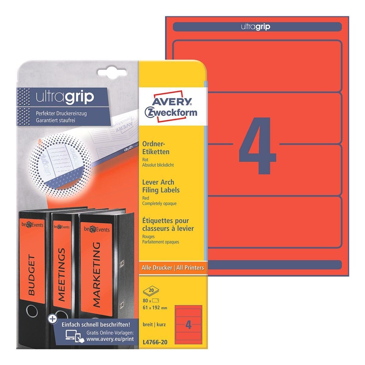 Avery Zweckform Etiketten L4766-20, 80 Stück, kurz/breit (61x192 mm), selbstklebend, blickdicht