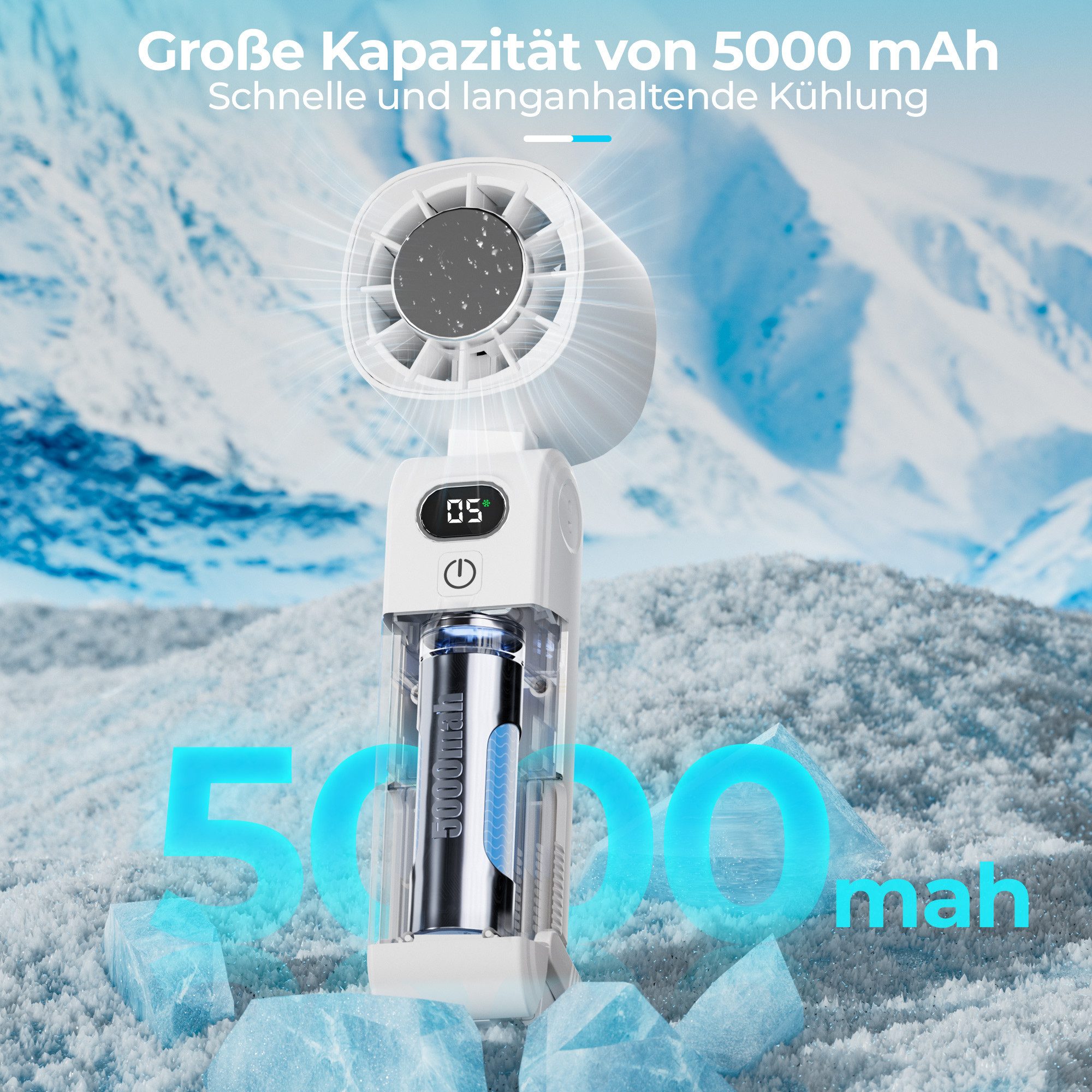 Rhein Beleuchtung Handventilator Handventilator Akku aufladbar, Mini Ventilator klein mit Turbo&Kühlung, 5 Windstufen, 13.000 U/min, bürstenloser Motor – Bild 4 von 5
