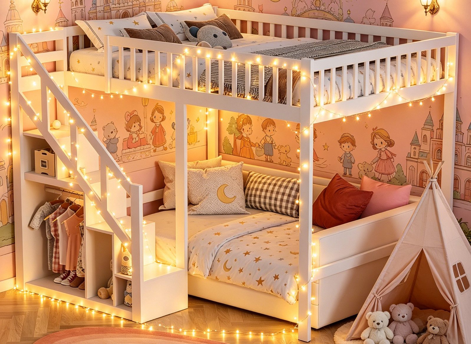 Furnishings Home Etagenbett Kinderbett Hochbett Stauraumbett (Rausfallschutz, geeignet für Jugendliche und Kinder), Holzbett 90x200 cm Mit Treppe, Absturzsicherung, Erholungsgebiet