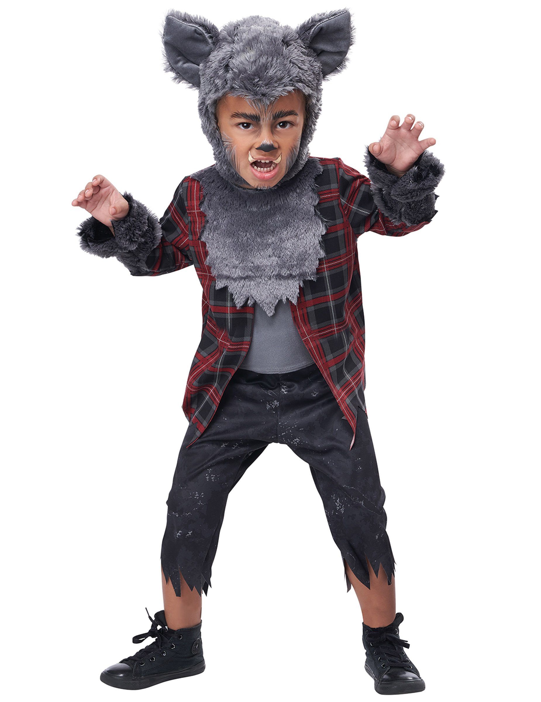 Kostüm Werwolf-Kostüm für Jungen im Karohemd Halloween-Kostüm grau-rot