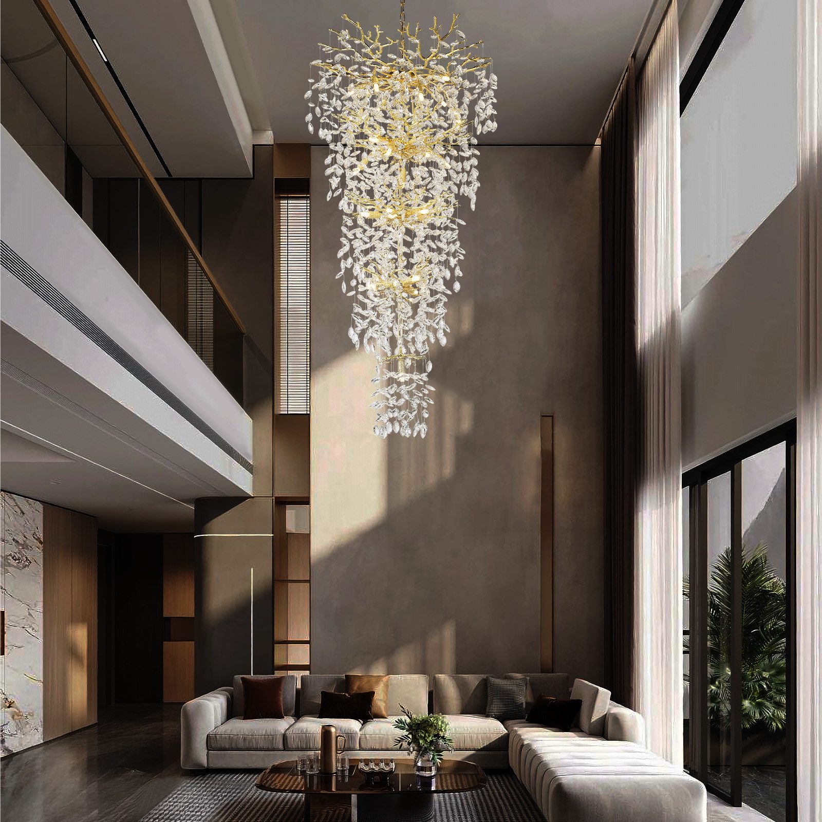 Surtime Kronleuchter für Treppenhaus, 300 cm, Goldfarben,Kristall, 28 G9-Fassungen für gleichmäßiges Licht, LED wechselbar, 3000K, K9-Kristalldesign im Ast-Stil