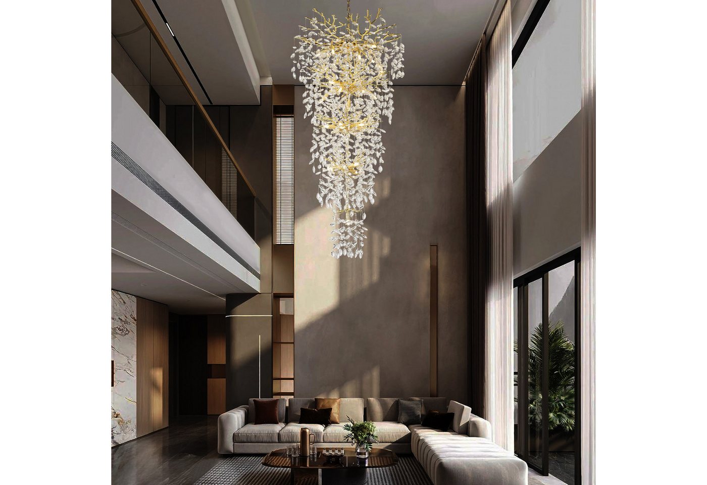 Surtime Kronleuchter für Treppenhaus, 300 cm, Goldfarben,Kristall, 28 G9-Fassungen für gleichmäßiges Licht, LED wechselbar, 3000K, K9-Kristalldesign im Ast-Stil
