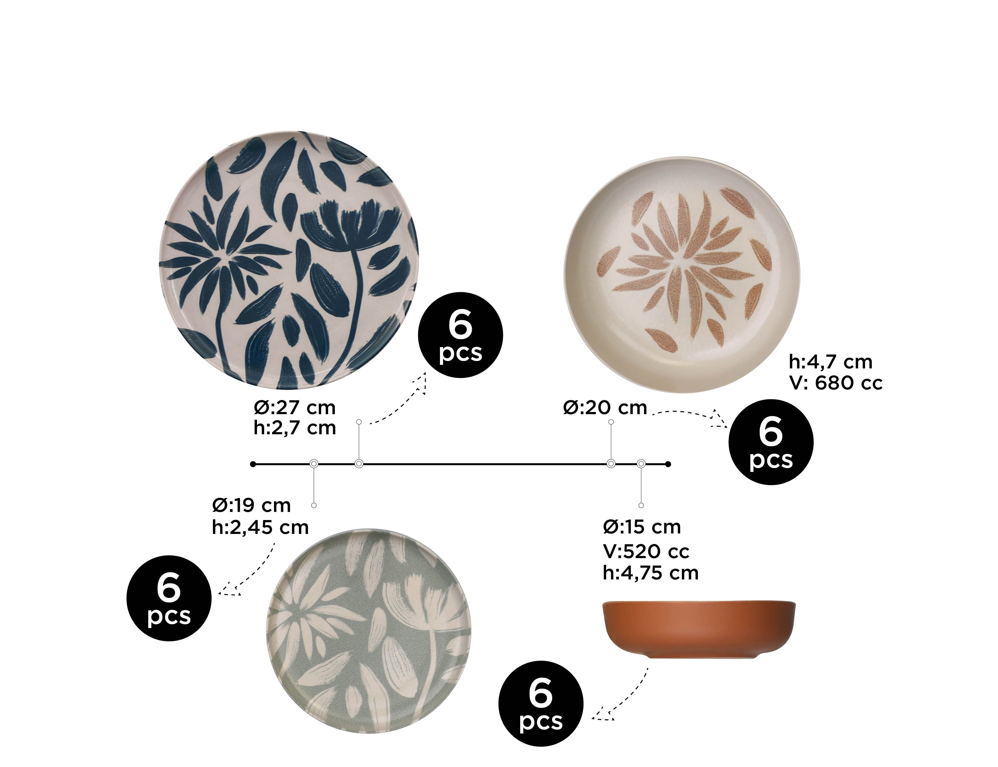 Kütahya Porselen Tafelservice Moderna 24-tlg. Tafelservice 6 Personen Porzellan Blau Beige Floral (24-tlg), 6 Personen