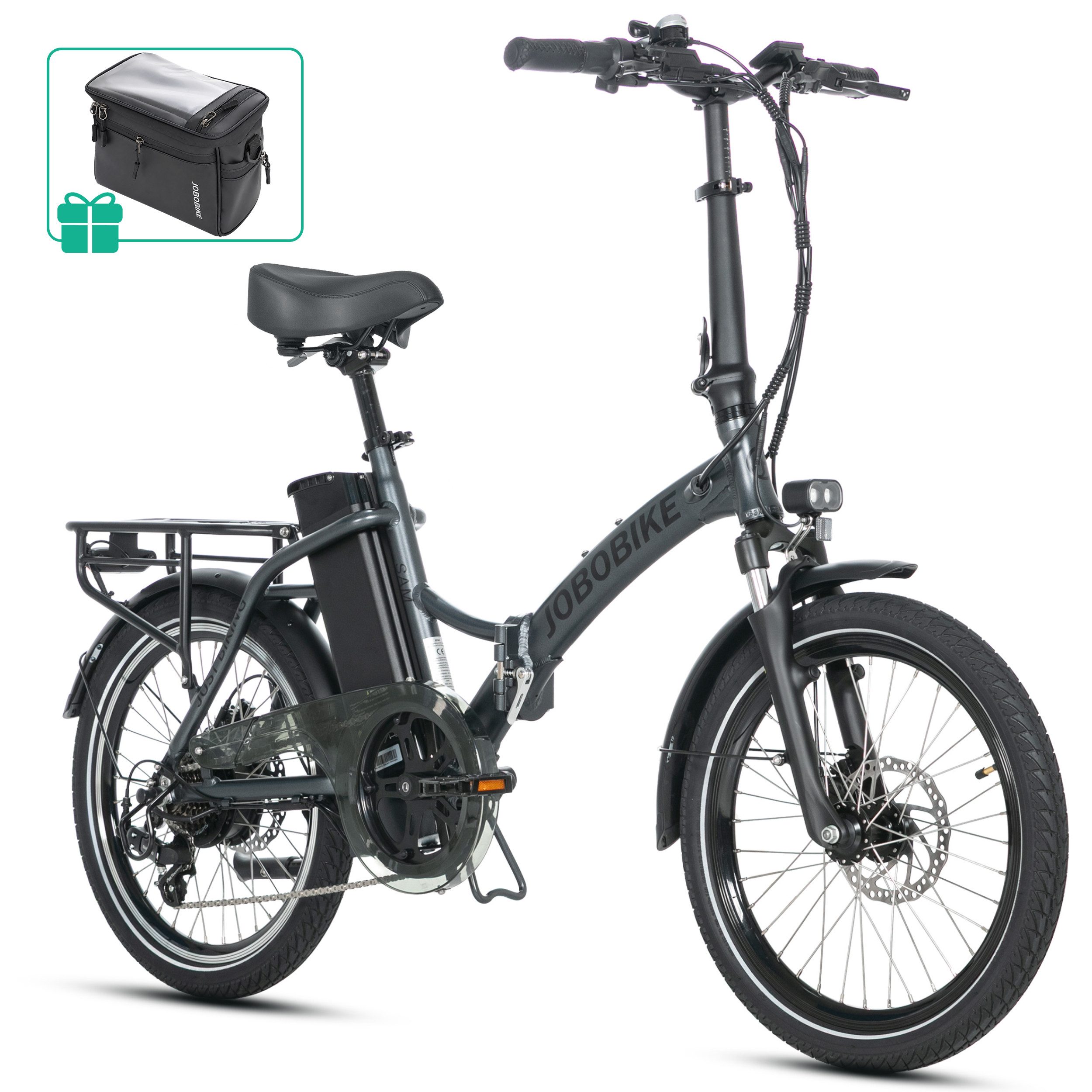 JOBOBIKE E-Bike Klapprad 20" für Damen & Herren, Sam, 468Wh, Cityrad, Pedelec, 60-110km, 7 Gang Shimano, Kettenschaltung, Heckmotor, 468 Wh, (mit Sattelrohr-Akku, mit Tiefeinsteiger-Rahmen, 5 Stufen), 250W, 25km/h, Faltbares Citybike - kompakt, stark & alltagstauglich