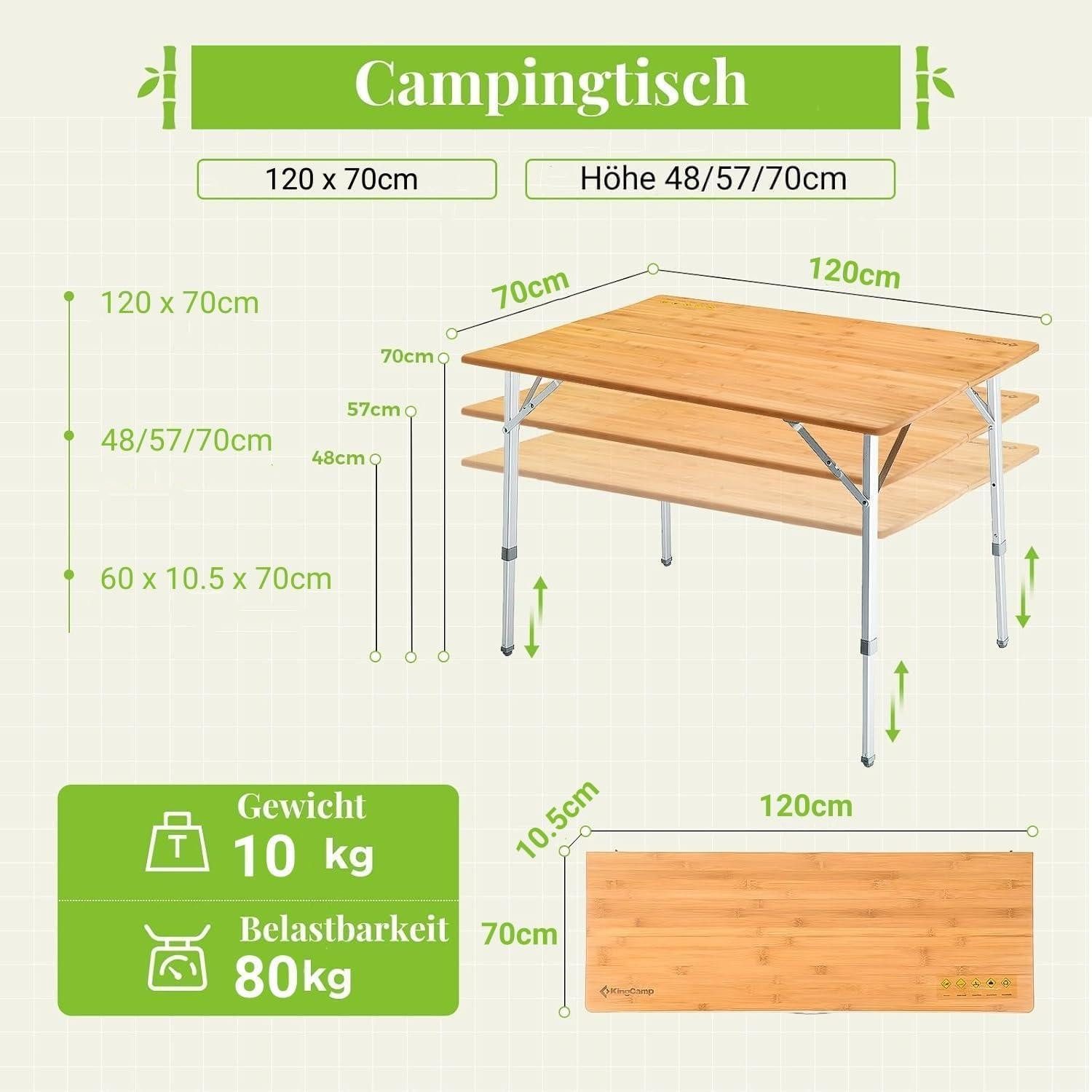 LuxusKollektion Campingtisch Klapptisch Bambus höhenverstellbar UV-Schutz Camping Garten