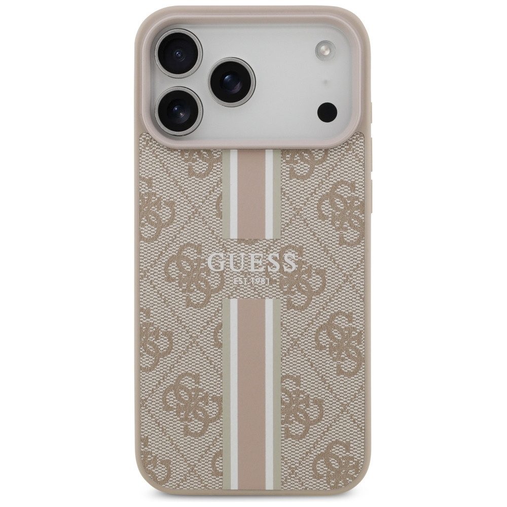 Guess Handyhülle Case iPhone 17 Pro Max MagSafe Kunstleder rosa Logo Streifen 6,9 Zoll, Kantenschutz