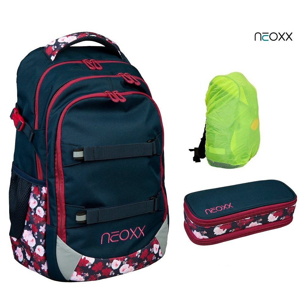 neoxx Schulranzen Active (Set, 3-tlg. inkl. Schamper Box und Regenschutz-Hülle), Rucksack Set "my heart Bloom" geblümt - Schultasche 5. bis 12. Klasse