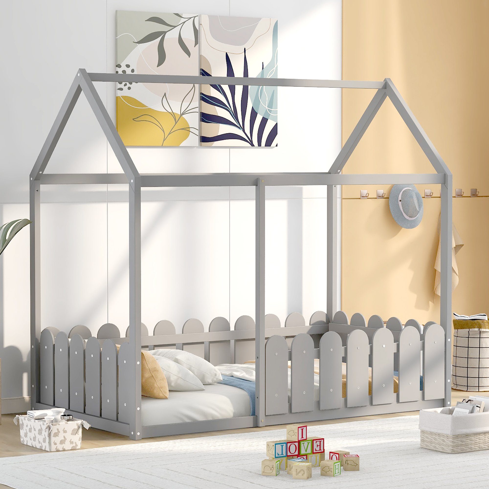 SOFTWEARY Kinderbett Hausbett ohne Lattenrost, 80x160 cm, Holzbett aus  Kieferholz, Einzelbett mit Rausfallschutz und Zaun