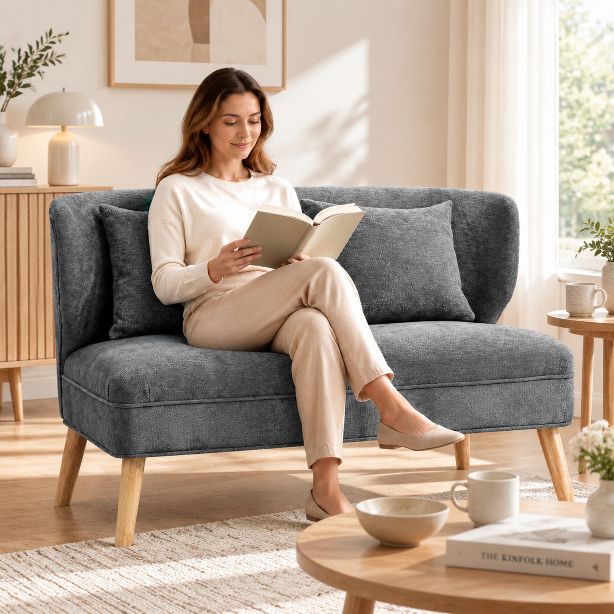 HOMCOM 2-Sitzer Sofa kleine Couch mit Flügelrücken, 2 Wurfkissen, 117 cm Dick Gepolstert Doppelsofa 1 Teile, für Wohnzimmer, Schlafzimmer, Grau