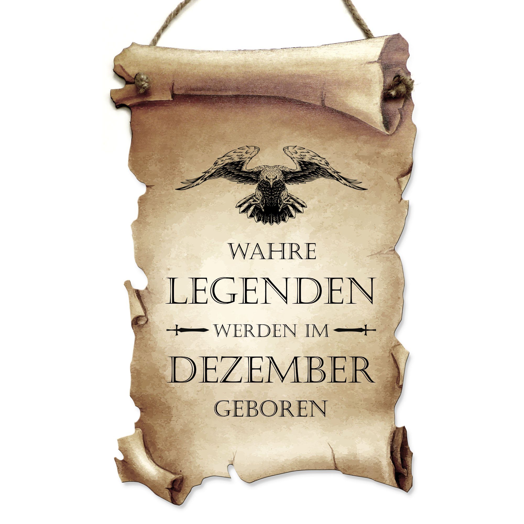 Kreative Feder Wanddekoobjekt Deko-Schild „Legenden“ aus Holz in Schriftrollen-Optik, mit Motiv & Spruch, ideales Geschenk für Freunde & Familie