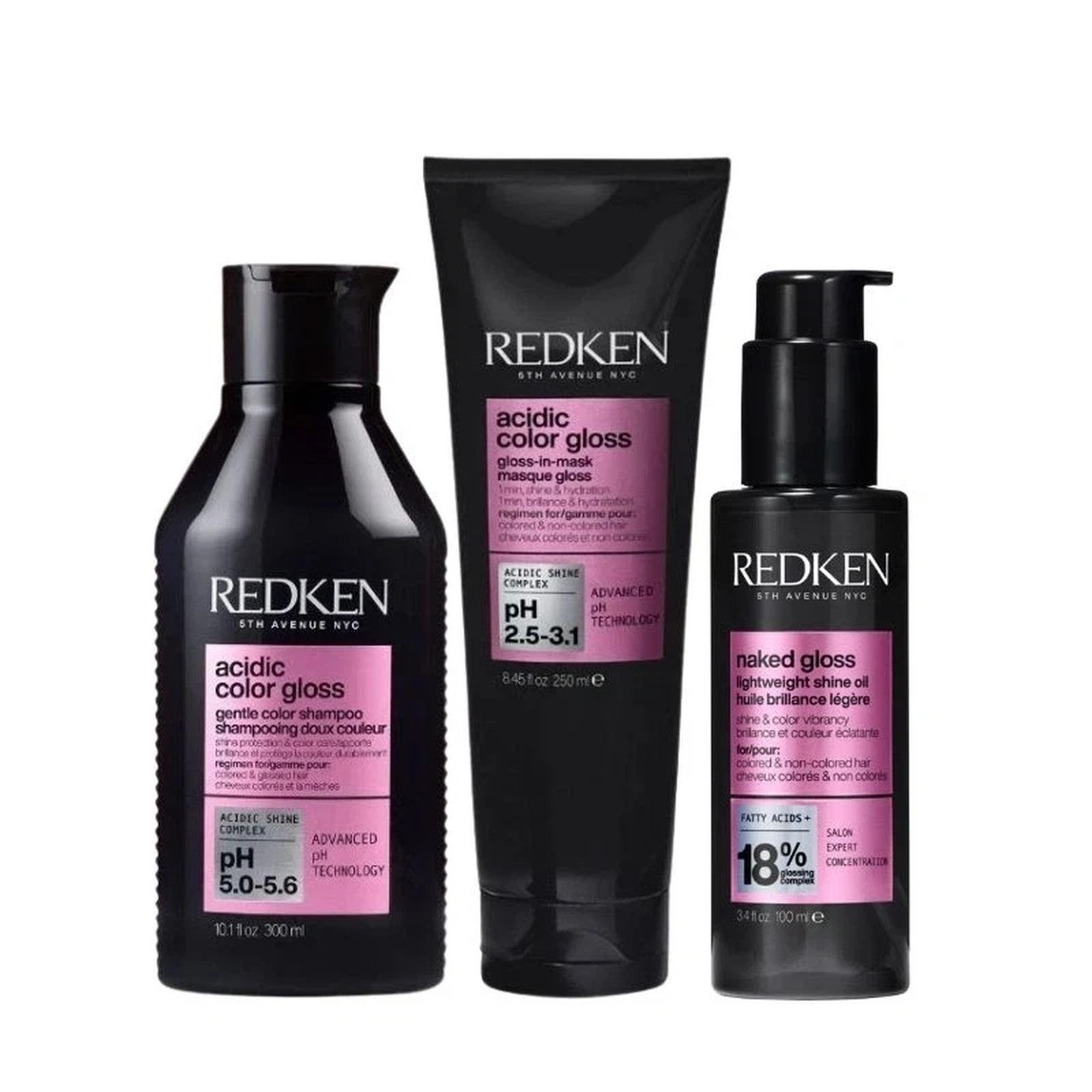 Redken Haarpflege-Set Redken Acidic Color Gloss Shampoo Gloss-In-Mask Naked Gloss Shine Oil, 3-tlg., Vorteilspack, reichhaltig