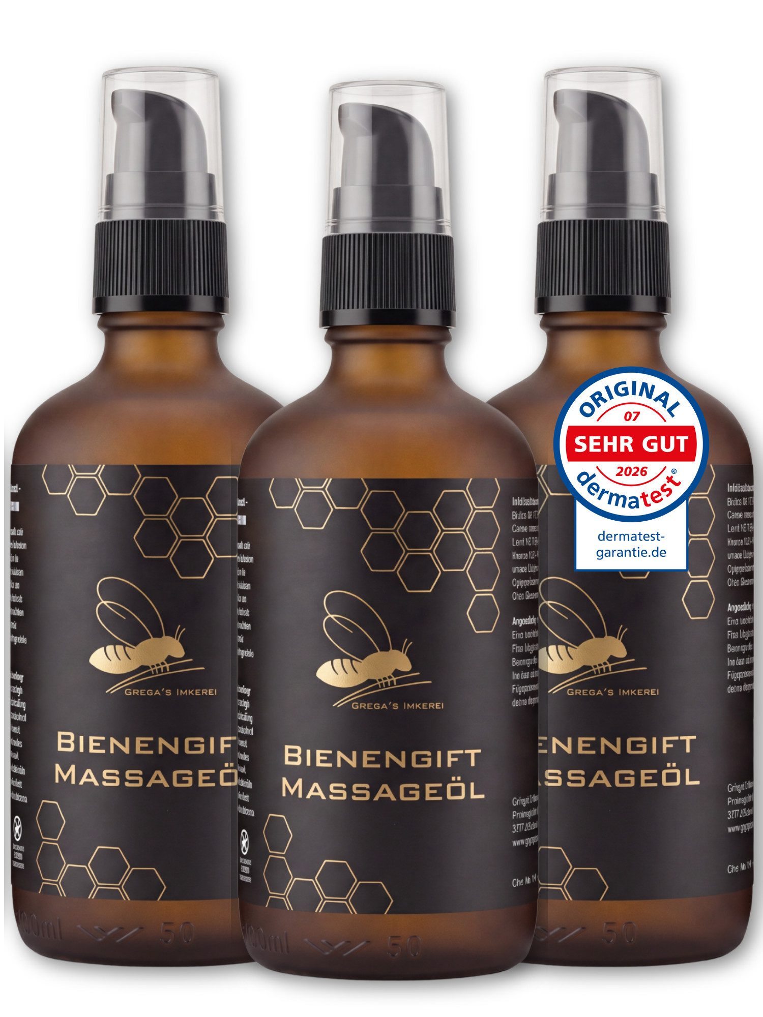 Grega´s Imkerei Massageöl mit Bienengift 100ml Intensiv Pflege-Serum für Muskeln Gelenke, 3-tlg., Hochkonzentriert: Jede Flasche enthält über 600 Bienenstichen.