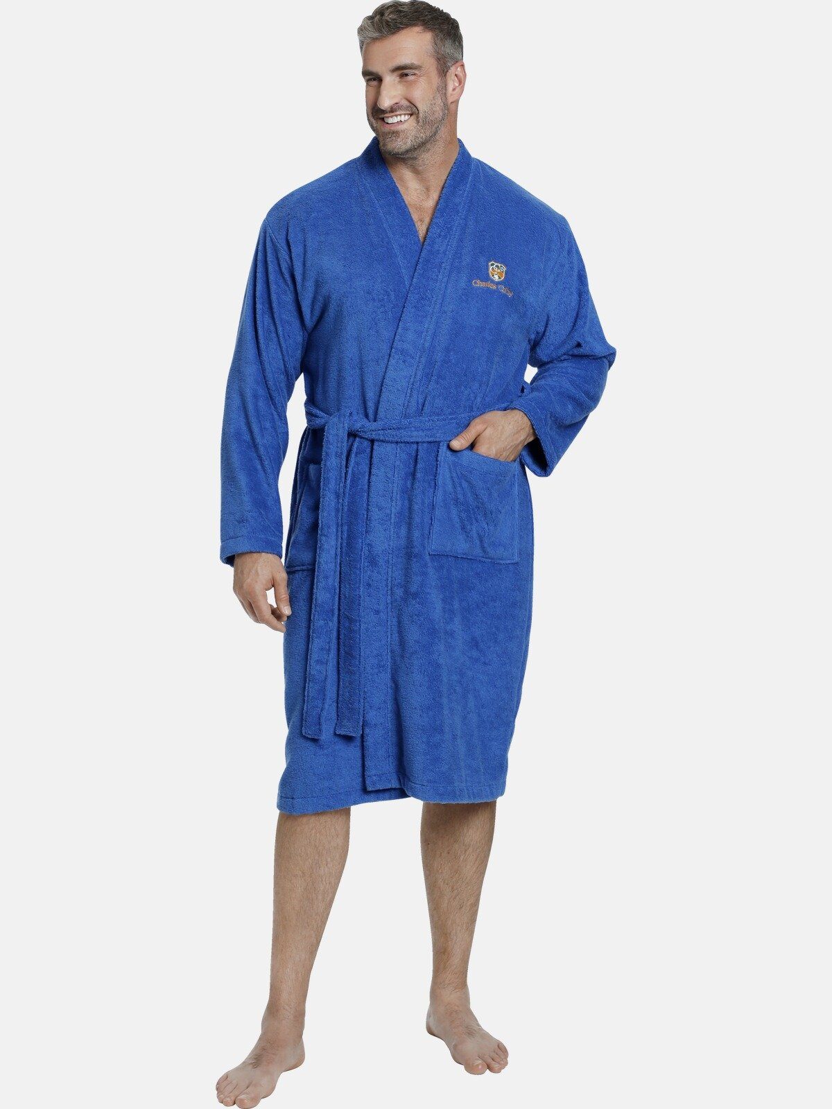 Charles Colby Bademantel LORD CURET, Langform, Baumwolle, Kimono-Kragen, Gürtel, aus angenehm weichem Frottier blau