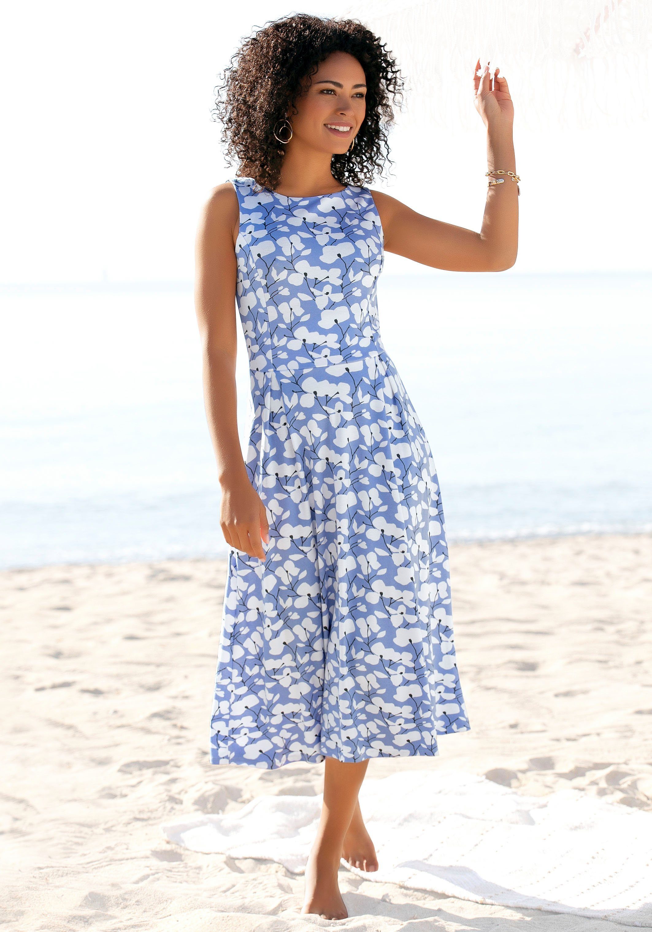 Beachtime Sommerkleid mit Blumendruck, Strandbekleidung blau-creme-bedruckt Strandmode