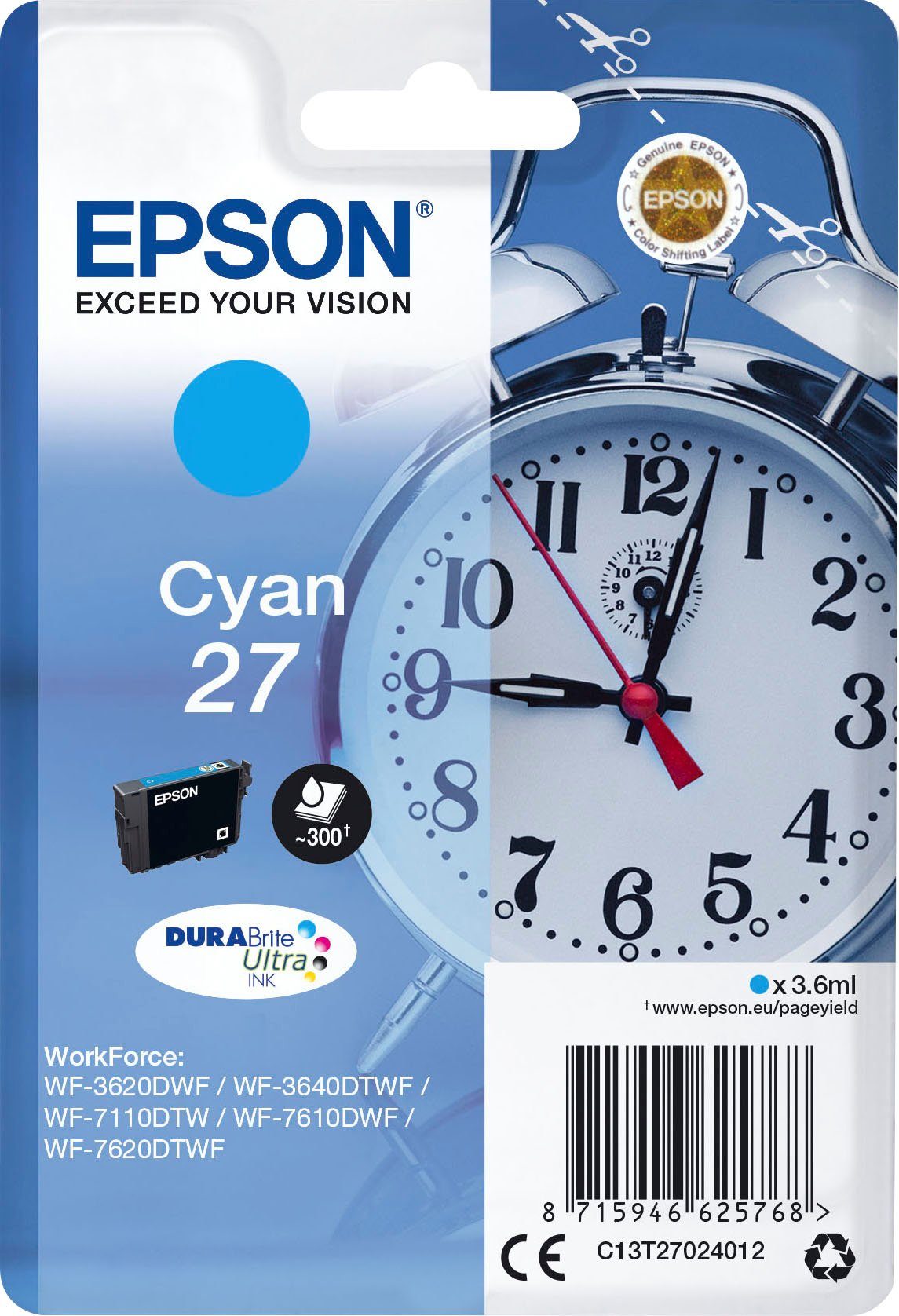 Epson 1-tlg., 27 Tintenpatrone cyan) original Druckerpatrone DURAbrite Ultra (Packung, 27