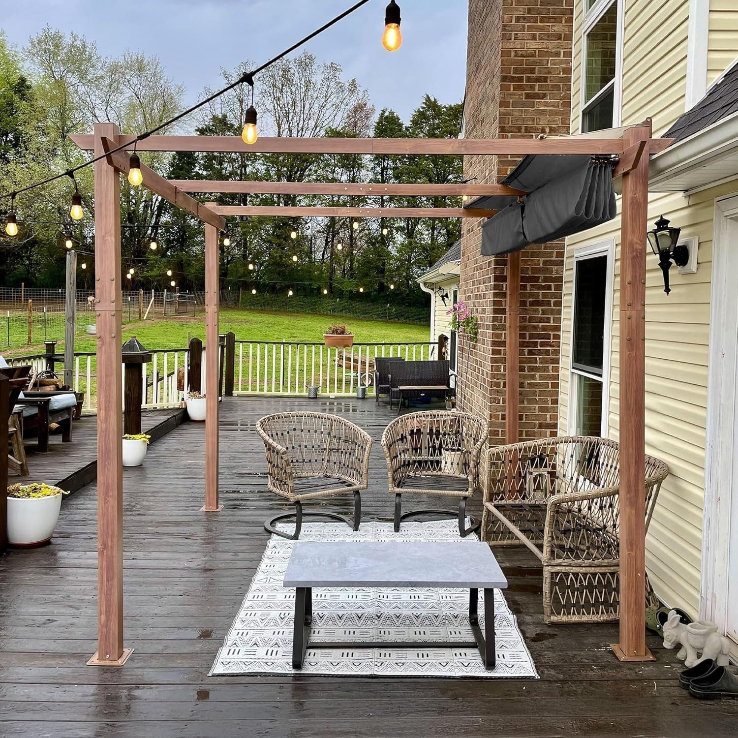 PURPLE LEAF Pergola Holzoptik Pavillon mit einziehbarem Dach, Alu Terrassenüberdachung, BxTxH: 300x300x245 cm, (Komplettes Set, Freistehende Pergola mit manuellem Schiebedach), Gartenpavillon Stabil & Winterfest, Terrasse, Balkon