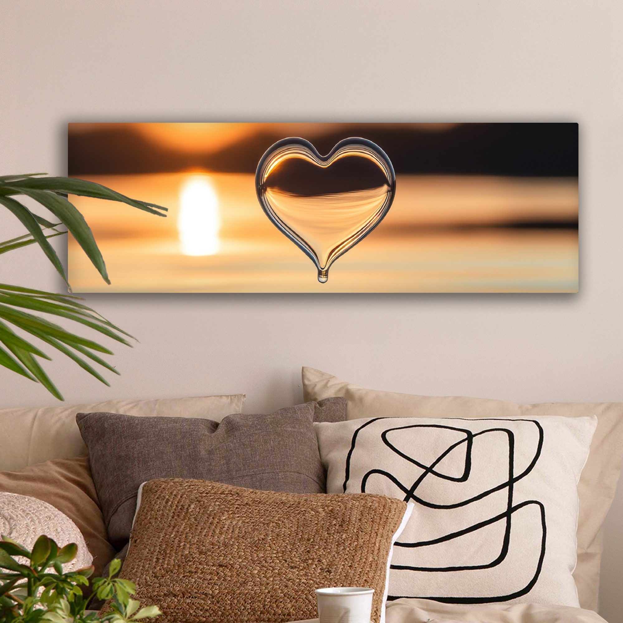 OneMillionCanvasses® Leinwandbild Panorama Herz - Wasser - Sonnenuntergang günstig online kaufen