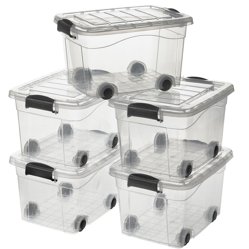 Logiplast Aufbewahrungsbox Premium Aufbewahrungsbox, 20 Liter (Spar-Set, 5  Stück), inkl. Rollen, Clipverschluss zum einfachen verschließen