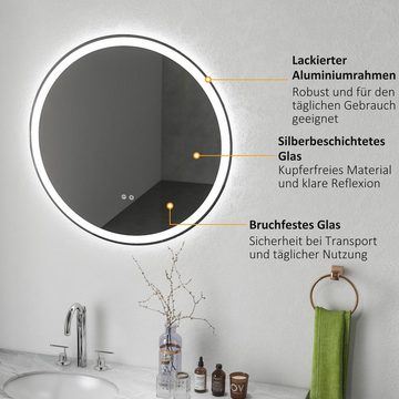 Kleankin Badspiegel Badezimmerspiegel mit Beleuchtung, runder Wandspiegel mit Alurahmen (Schminkspiegel, 1-St., Leuchtspiegel), mit einstellbarer Lichthelligkeit