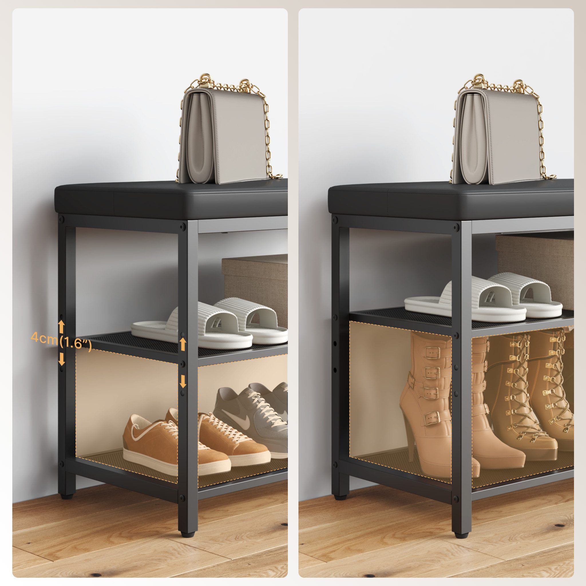 Mondeer Schuhbank Schuhregal (3-stufiges), Gepolsterte Bank mit Kissen und Netzregalen, 60 x 50 x 30 cm – Bild 4 von 5