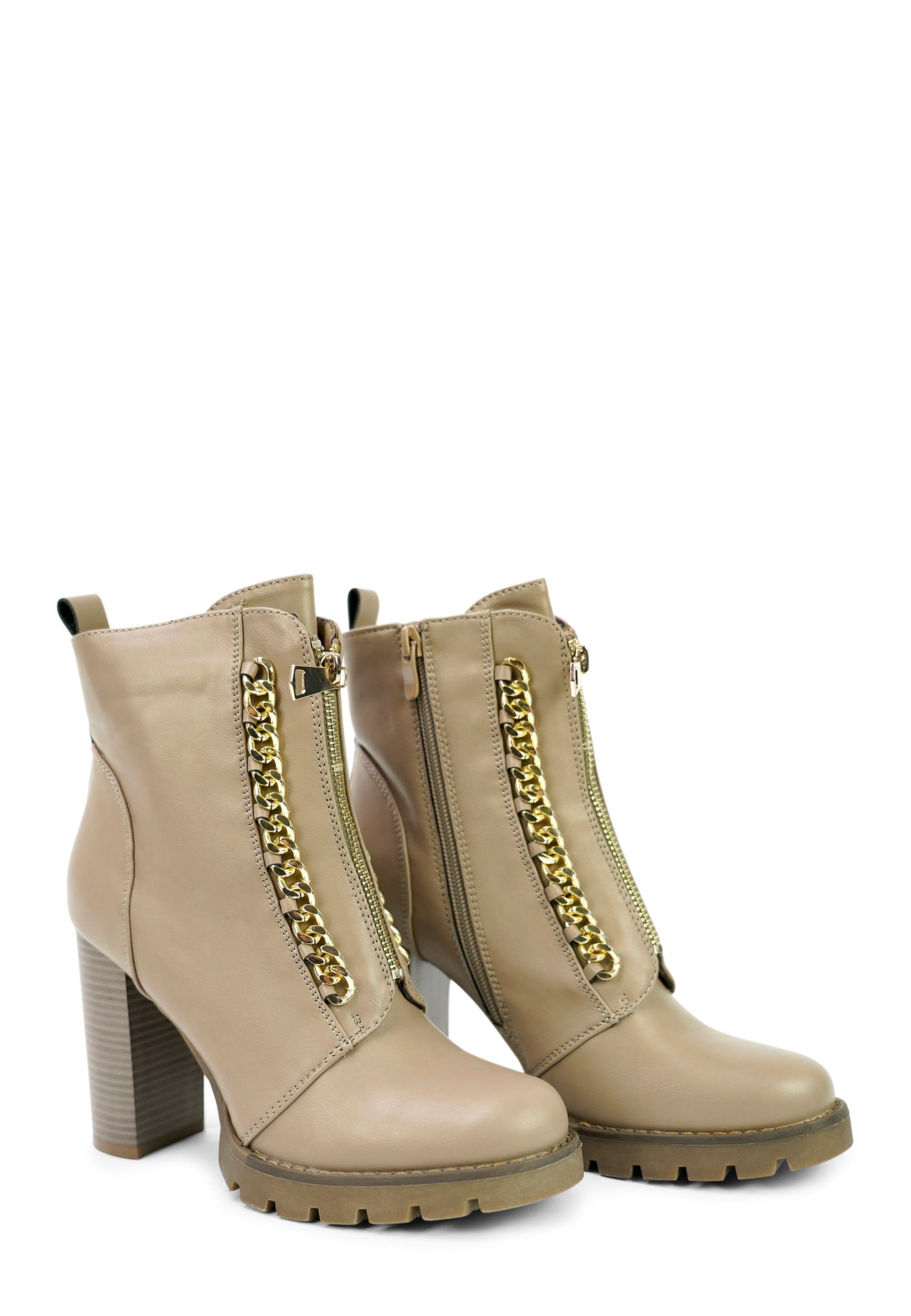 Lady Glory taupe aufwendigen Stiefelette STEP Kettendetails mit