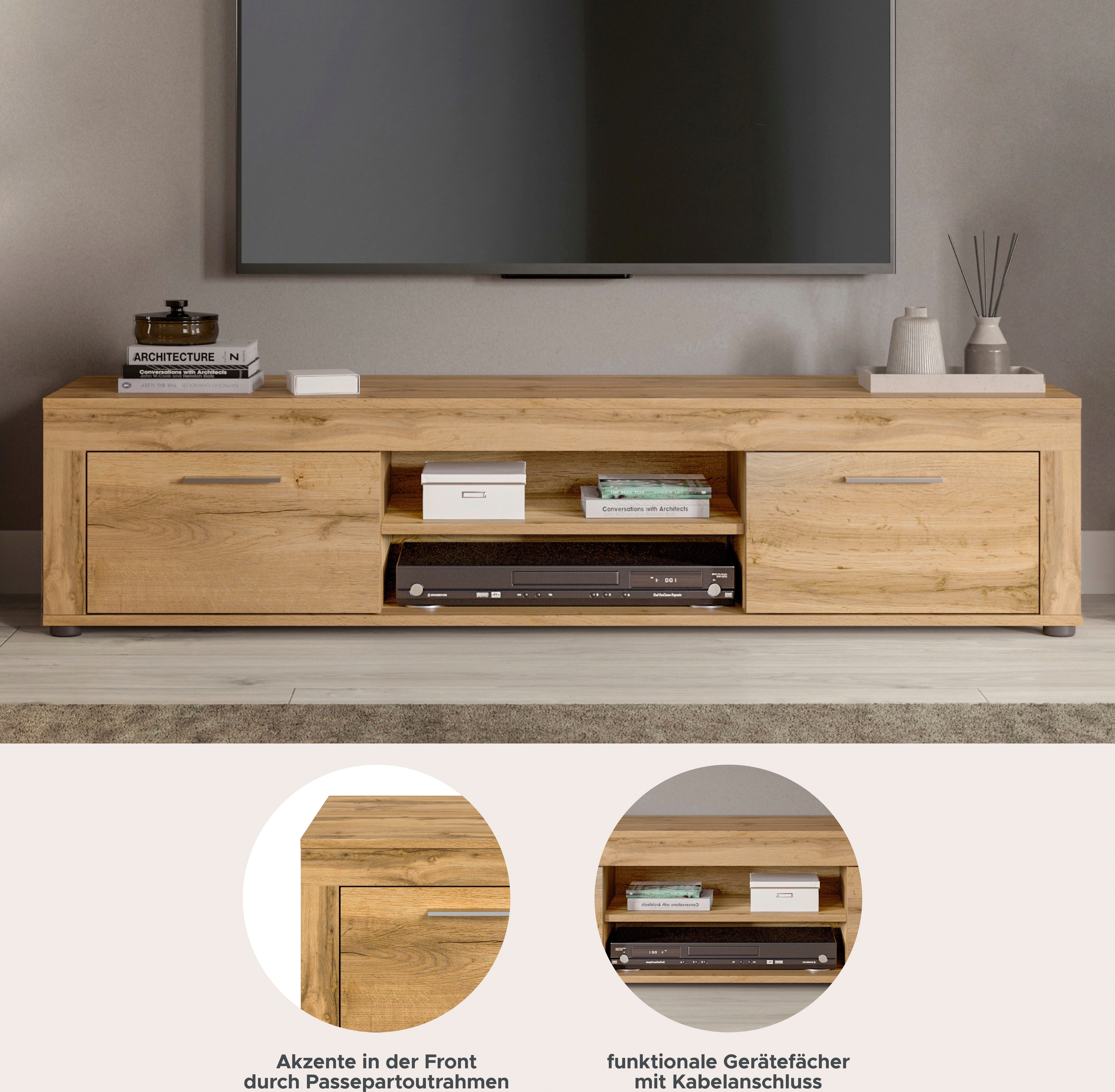 OTTO home Lowboard AOSTA, Breite 160 cm, 2 Klappen, 2 offene Fächer (in verschiedenen Farbausführungen, individuell kombinierbar), TV-Board, Mediaboard, TV-Möbel, TV-Lowboard, Fernsehschrank, Sideboard