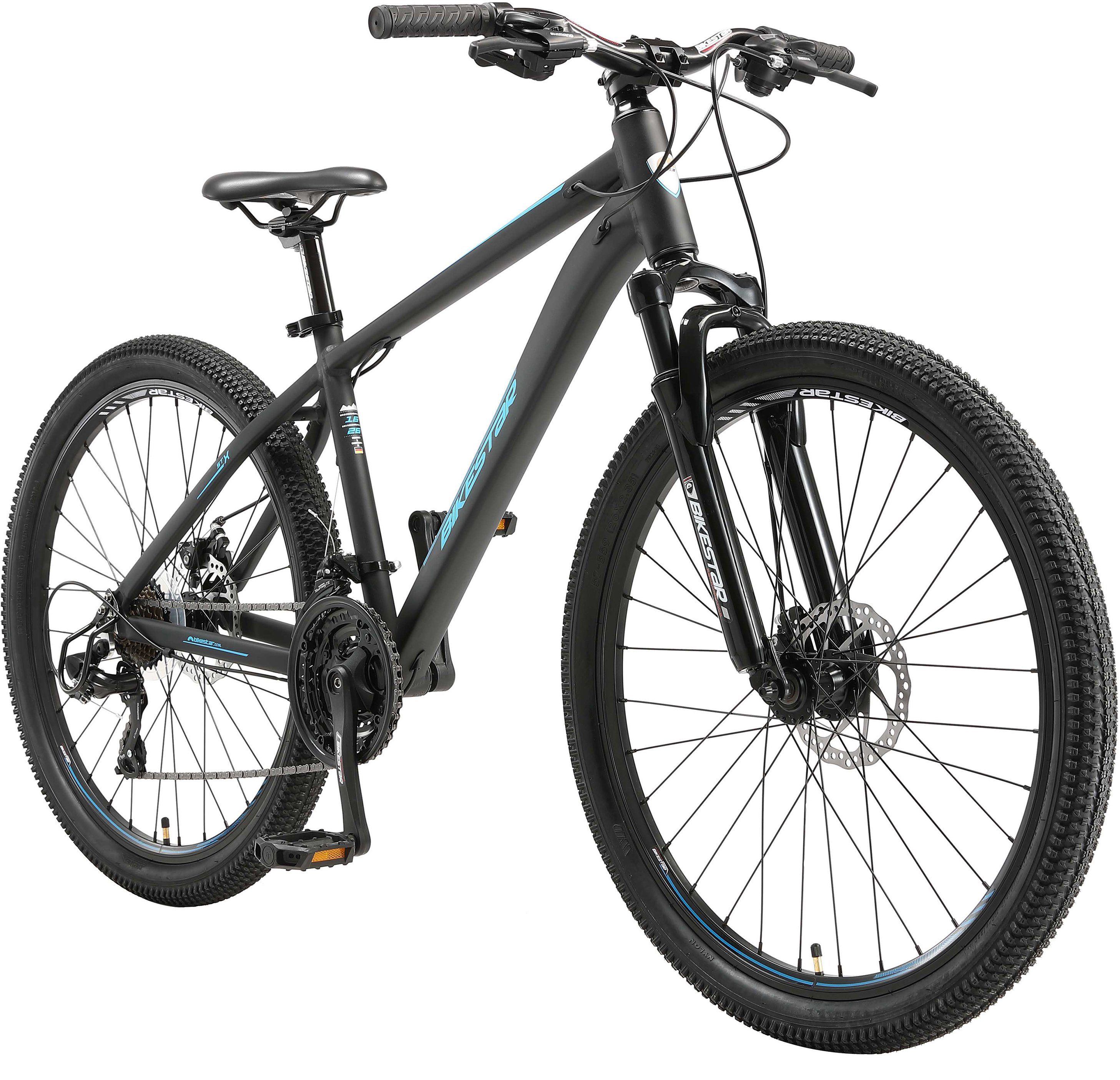 Bikestar Mountainbike, 21 Gang Shimano RD-TY300 Schaltwerk, Kettenschaltung, für Damen und Herren, Kettenschaltung