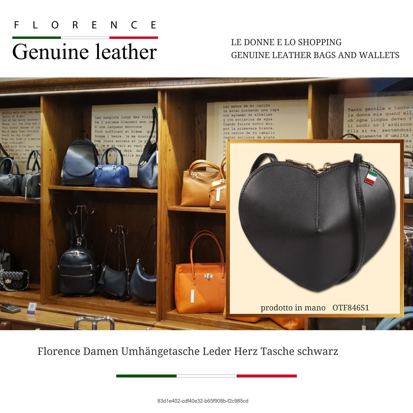 FLORENCE Umhängetasche Florence Damen Umhängetasche Leder Herz (Umhängetasche, Umhängetasche), Damen Tasche Echtes Leder schwarz, Herz, Made-In Italy