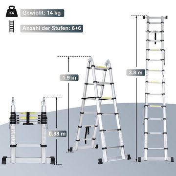 Bettizia Teleskopleiter Teleskopleiter Alu 1.9+1.9m mit Stabilisator Rädern Anlegeleiter