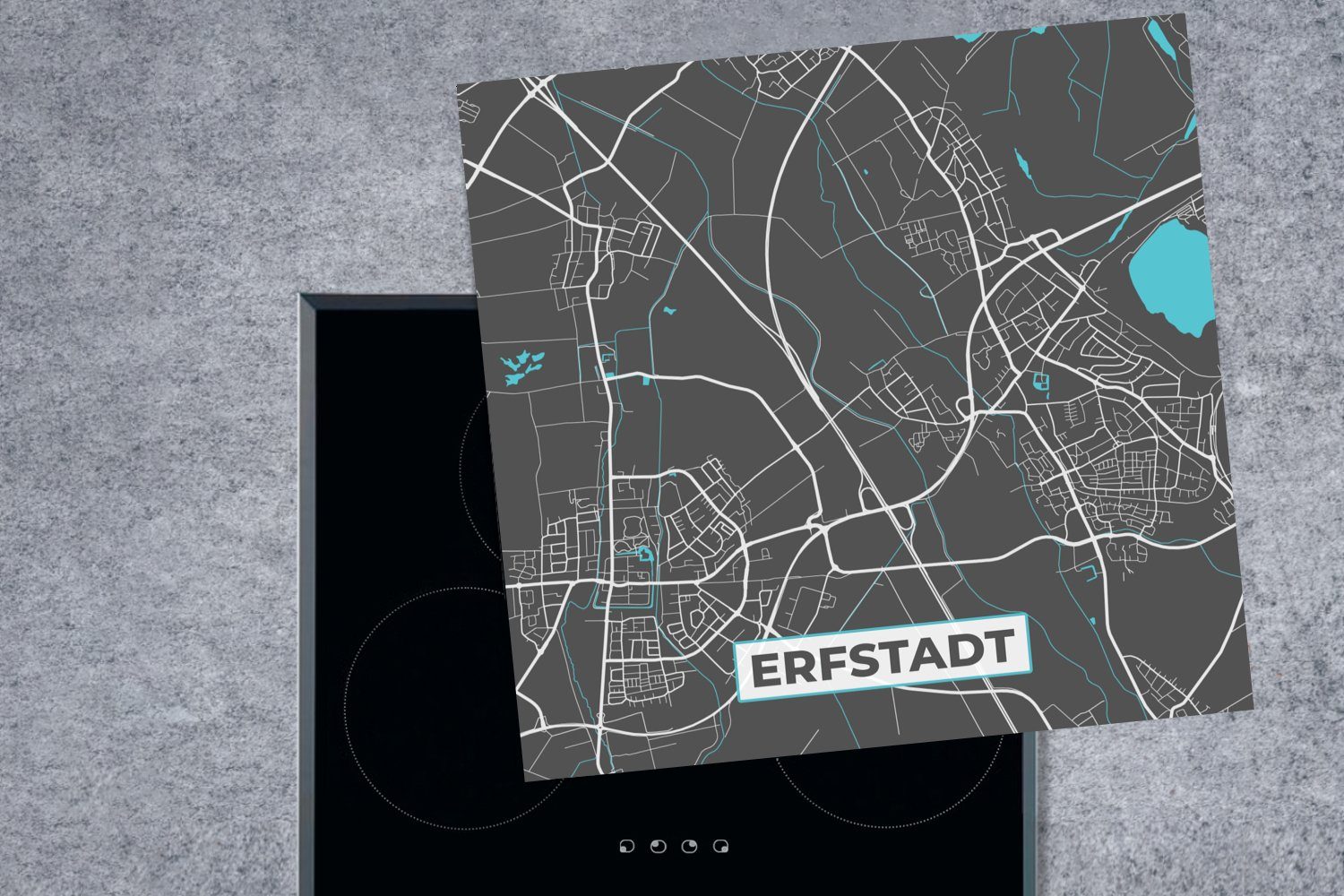 cm, küche Vinyl, MuchoWow Karte, Erfstadt für - - Blau Herdblende-/Abdeckplatte (1 Ceranfeldabdeckung, - Arbeitsplatte 78x78 Stadtplan tlg), Deutschland -