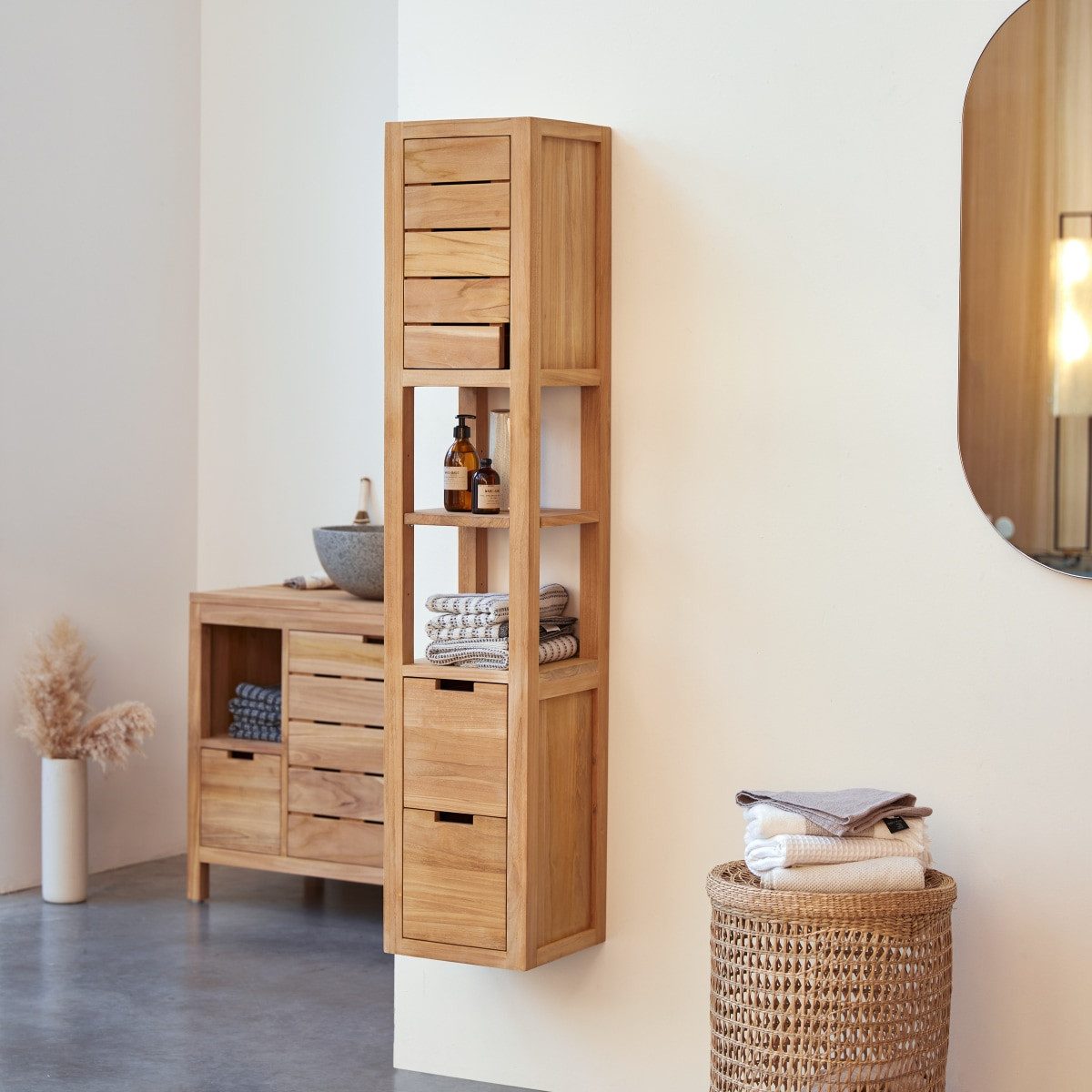 Tikamoon Hochschrank Badschrank Highboard Kolonne Regal massives Teak unbehandelt Bad Neu T
