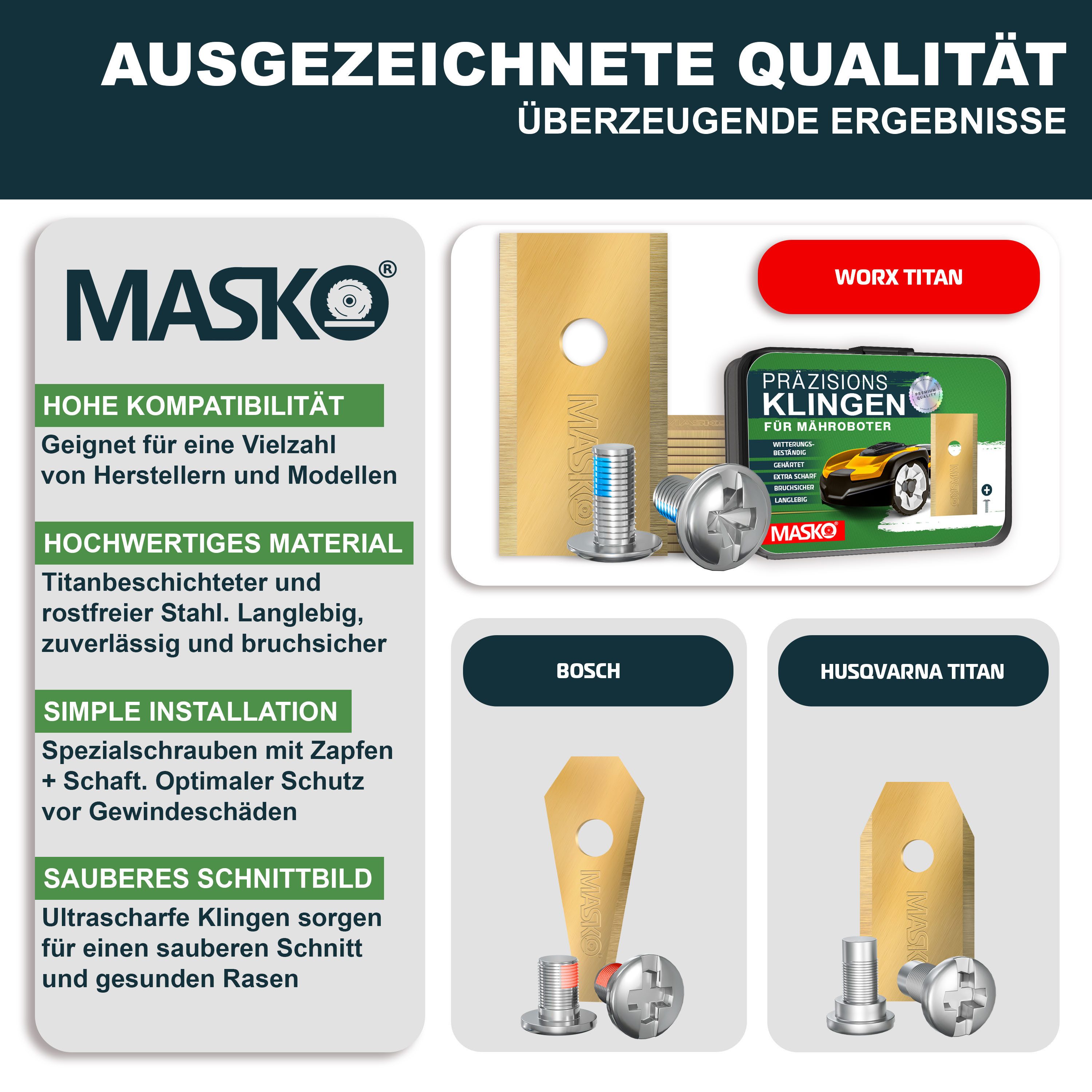 MASKO Mährobotermesser Ersatzmesser für Mähroboter, 30er Set, Titan-beschichtet (30-St), Geeignet für Bosch, Gardena/Husqvarna & Worx