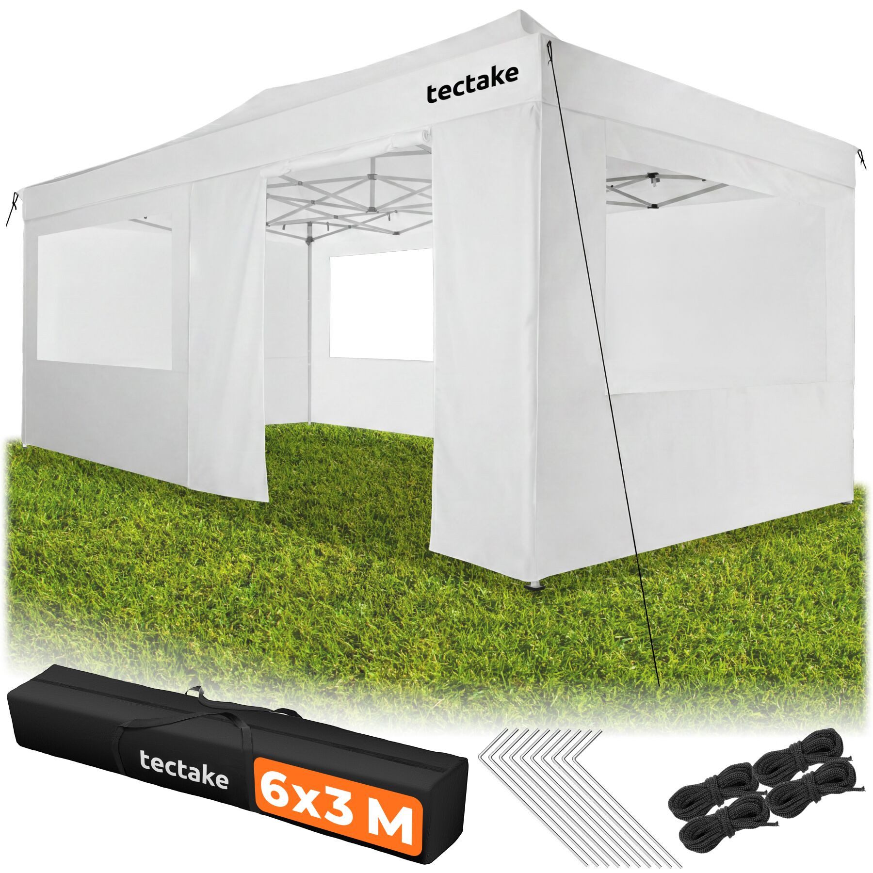 tectake Pavillon Aluminium Faltpavillon, 6 x 3 m, wasserdicht, mit Tragetasche, mit 6 Seitenteilen, (600 x 300 x 316 cm, Komplettset Pavillongestell mit Dachplane & 6 Seitenteilen), 6 Seitenteile, mit Reißverschlusszugang und 3 Fenstern