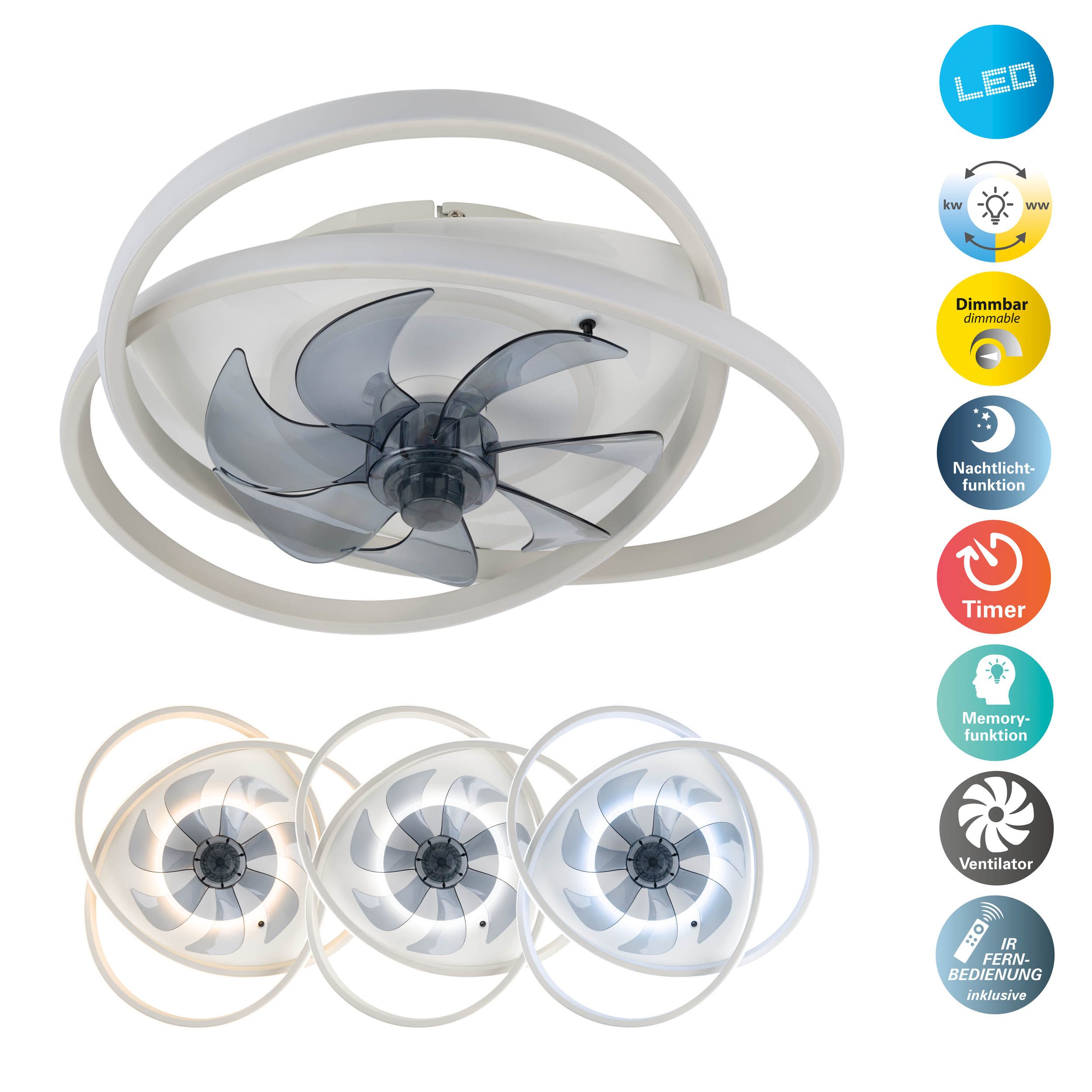 OTTO home LED Deckenleuchte Lunnee Deckenventilator, CCT - über Fernbedienung, Dimmfunktion, Fernbedienung, Infrarot inkl., Memoryfunktion, Nachtlichtfunktion, Ventilatorfunktion, mehrere Helligkeitsstufen, LED wechselbar, warmweiß - kaltweiß, Ventilator, Dimmbar per IR-Fernbedienung, CCT, Memory, Nachtlicht