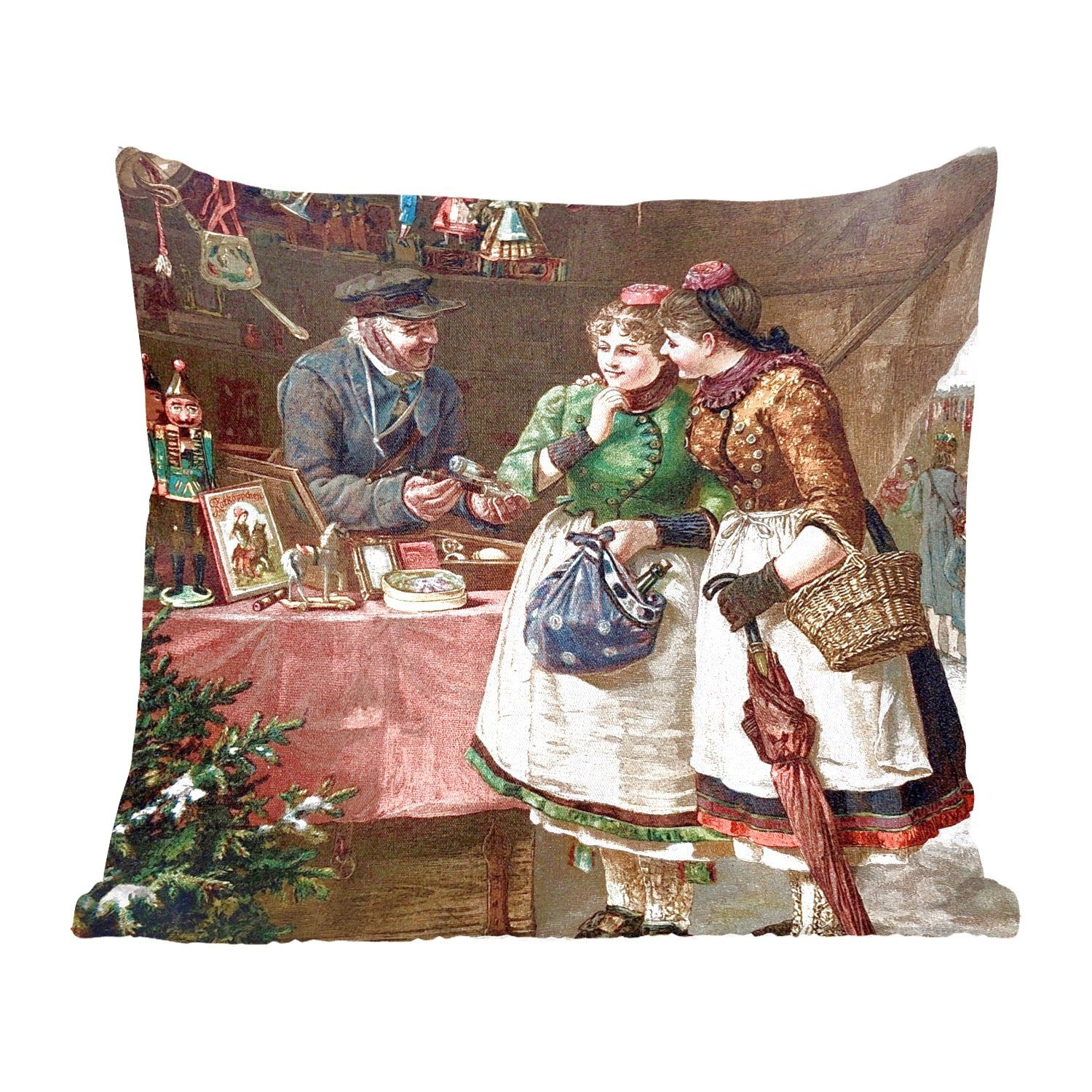 MuchoWow Dekokissen Weihnachten - Porträt Weihnachtsmarkt - Vintage, Zierkissen mit Füllung für Wohzimmer, Schlafzimmer, Deko, Sofakissen