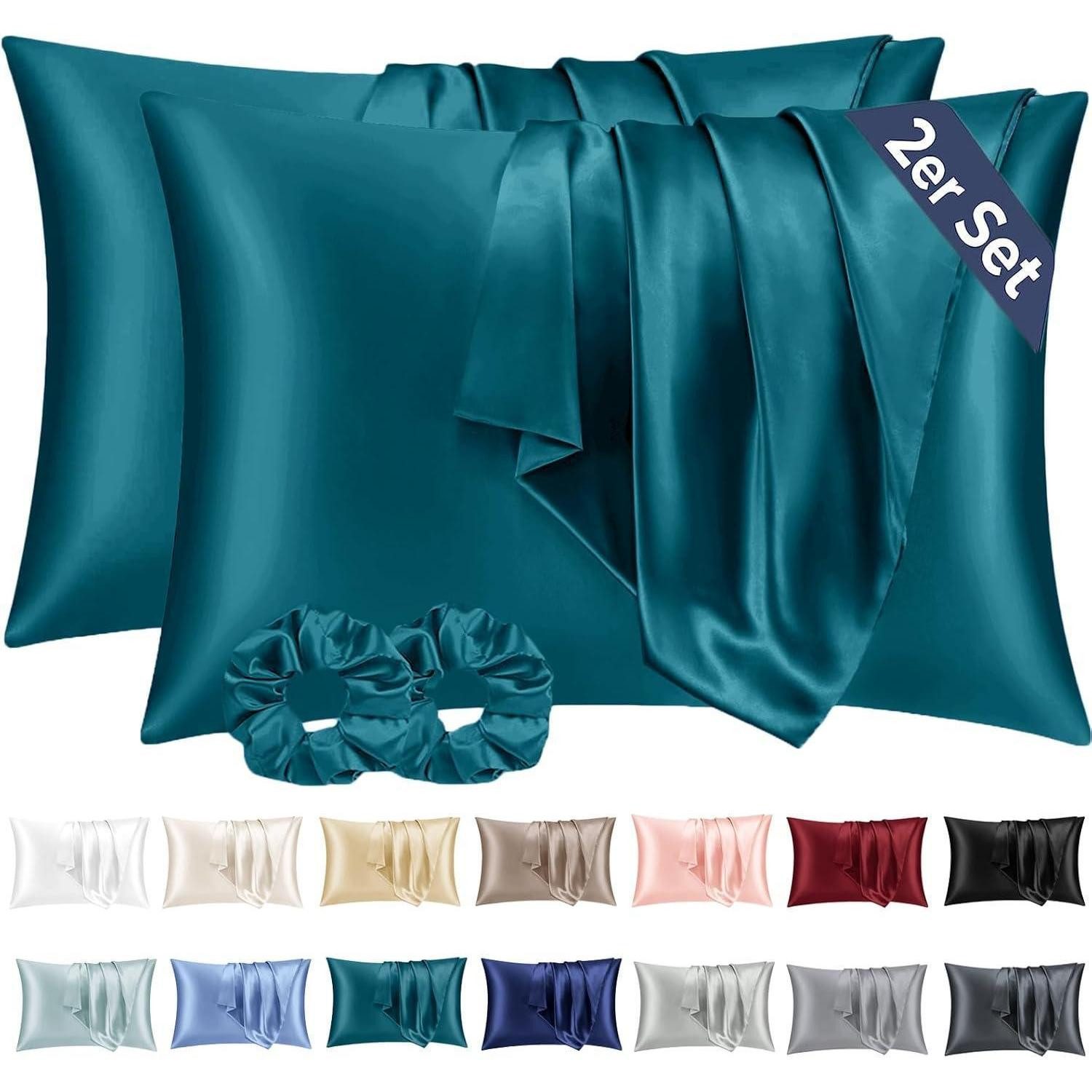 Vielit Kissenbezug Satin Kissenbezug 40x80 Petrol mit Haargummis, pflegeleicht