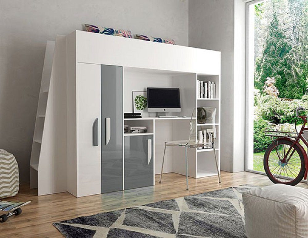 Feldmann-Wohnen Hochbett PARTY (Etagenbett, mit Schrank und Schreibtisch) Farbe wählbar weiß / grau Hochglanz - Griffe weiß / grau