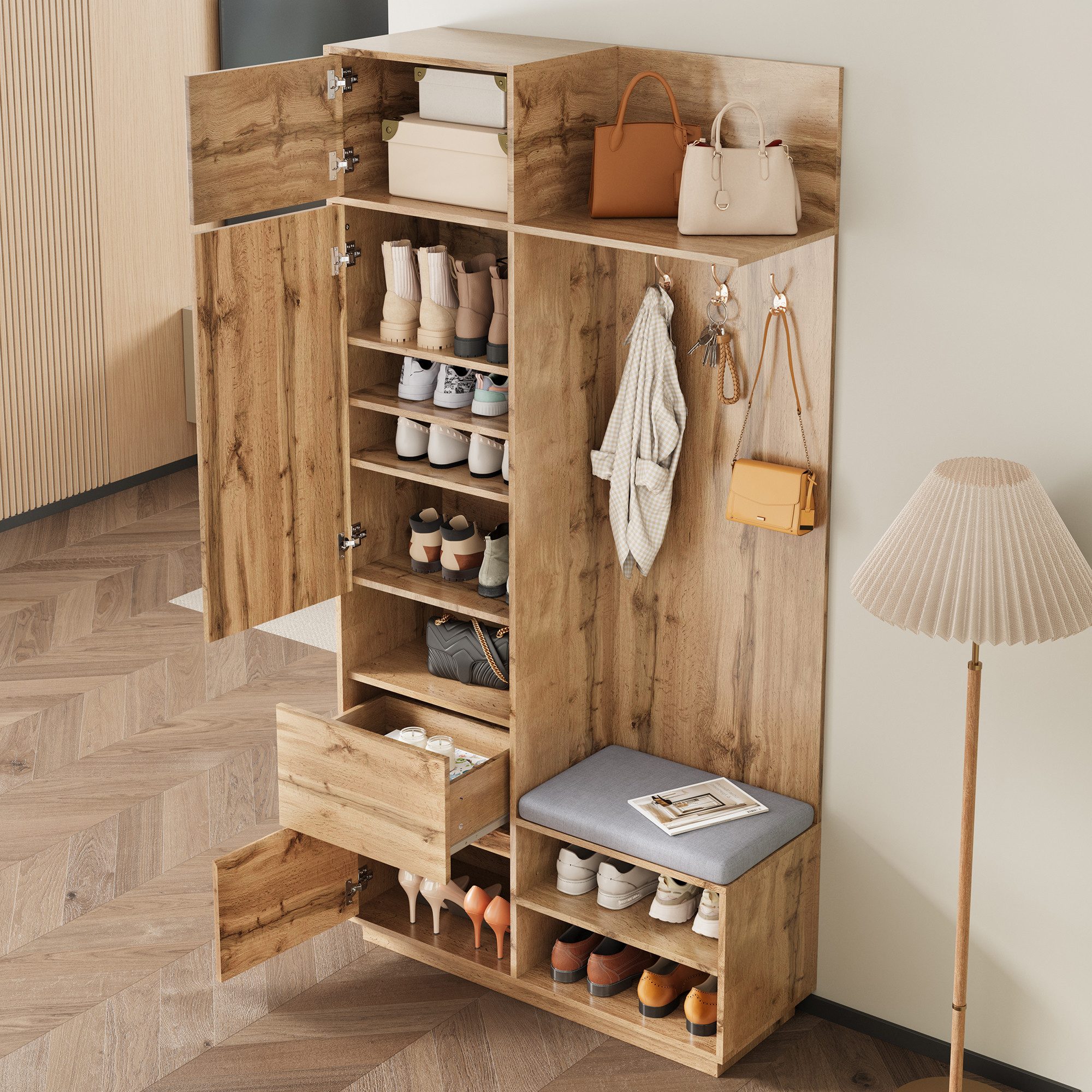 Merax Garderoben-Set 5-in-1 Kompaktgarderobe Scandi Garderobenkombination, (1-St., 90 L × 34,5 B × 190 H (cm), Flurgarderoben Set mit Spiegel Sitzbank Schuhregal Schubladen & Haken