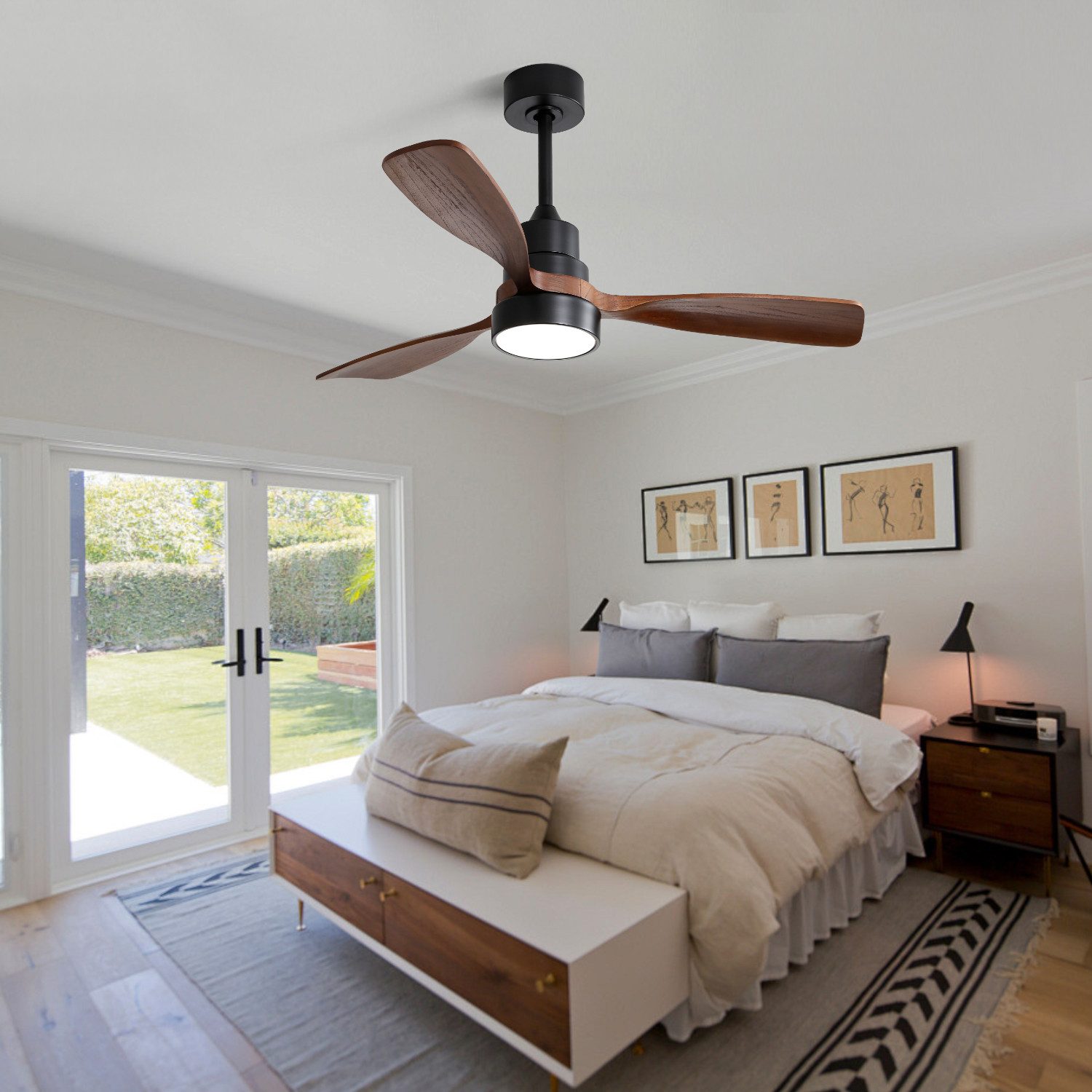 ibettertec Deckenventilator 122cm Holz-Deckenventilator mit 3 Massivholzflügeln für Wohnzimmer, Energieeffizienter reversibler DC-Motor