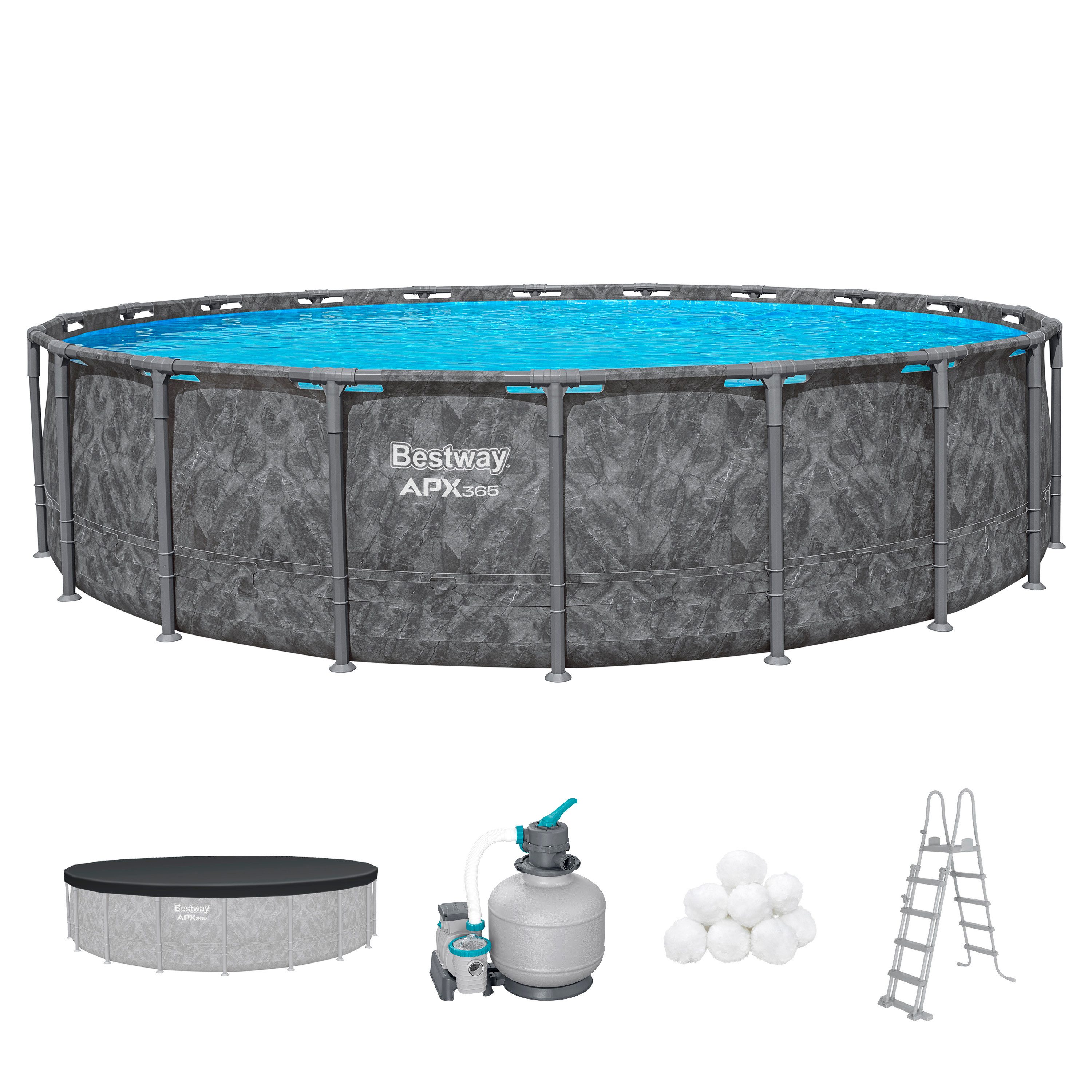 Bestway Framepool APX365™ Winterfest (Set, Inkl. Sandfilteranlage, Filterbälle, Sicherheitsleiter, Abdeckplane), Ø 610 x 132 cm
