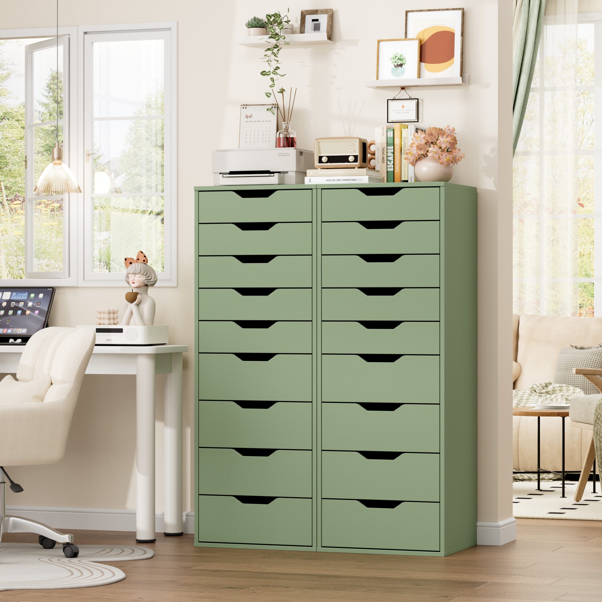 Homfa Kommode Schubladenschrank, Hochkommode, mit 9 Schubladen, schmal, grün, 45x40x124cm